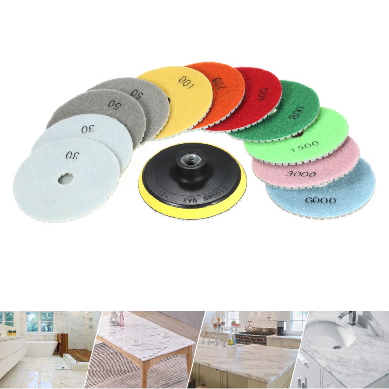 Lot de 11 disques de polissage diamant 4 pouces avec support, pour granit, marbre, pierre, carrelage, céramique et béton - 2