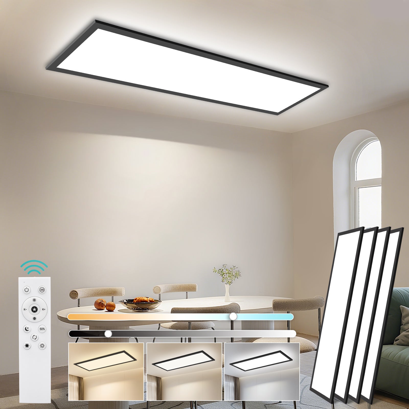 LOVHAUS 4PCS Lampa Sufitowa LED 36W Czarna, Panel LED Prostokątny 120x30 cm, Nowoczesna Lampa Sufitowa Ściemniająca z Pilotem do Biura Kuchni