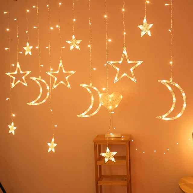 Guirlandes lumineuses LED étoiles et lune, rideaux lumineux étoiles et lune, lumières décoratives de jardin de camping en plein air（blanc chaud）