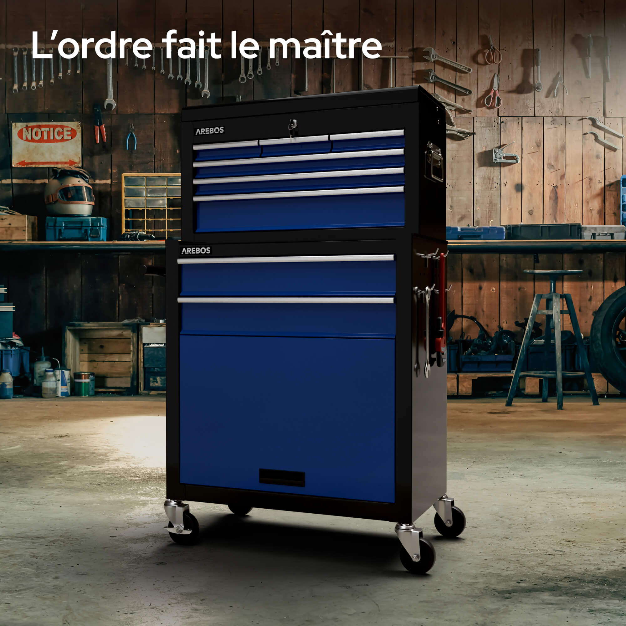 AREBOS Servante d'atelier à 9 tiroirs Chariot Caisse à Outils Amovible Noir-Bleu 33 x 61.5 x 108 - 5