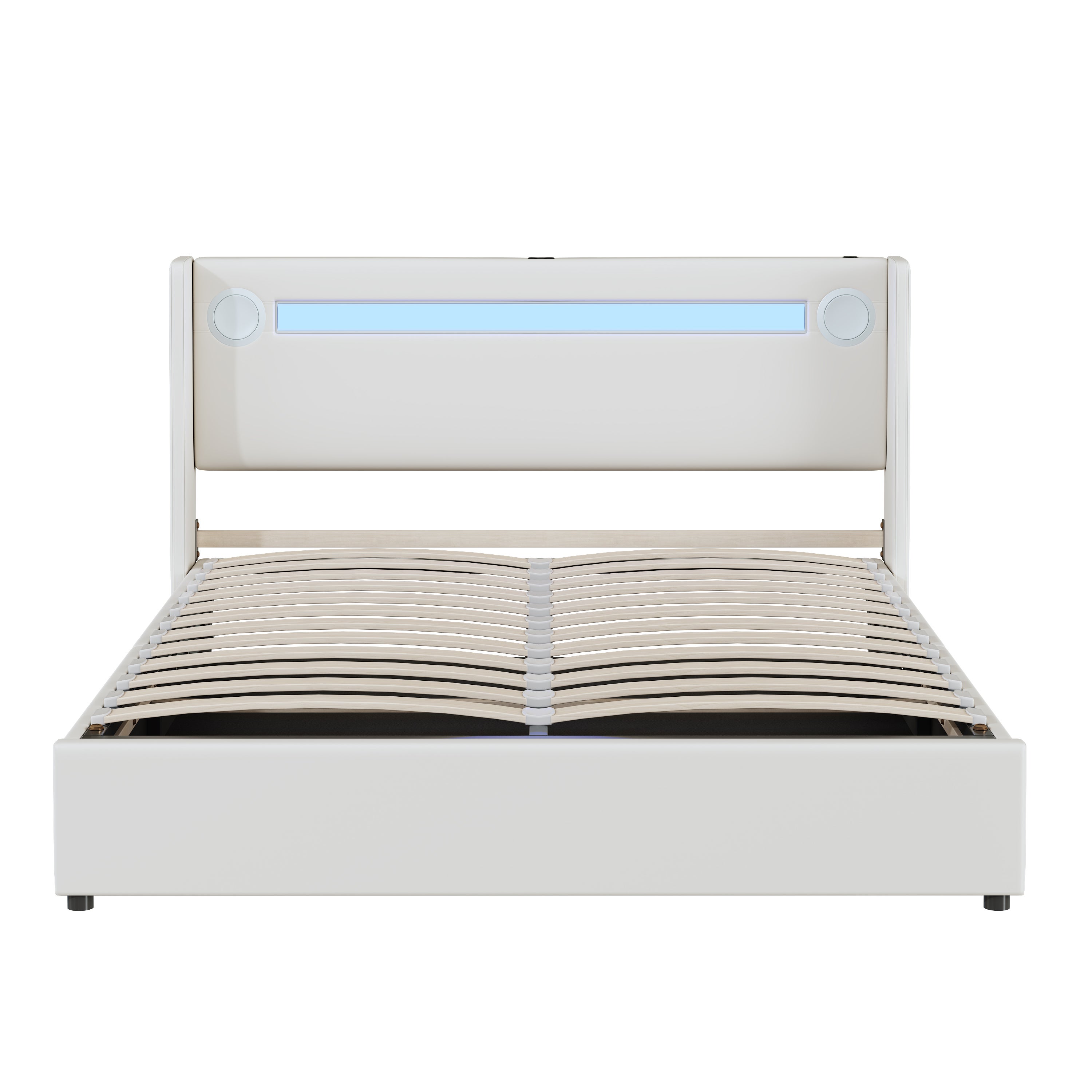 Łóżko z tapicerowanym zagłówkiem z ekoskóry 160x200cm z LED, odtwarzaczem Bluetooth i portami USB - z stelażem na listwy - Białe - 6