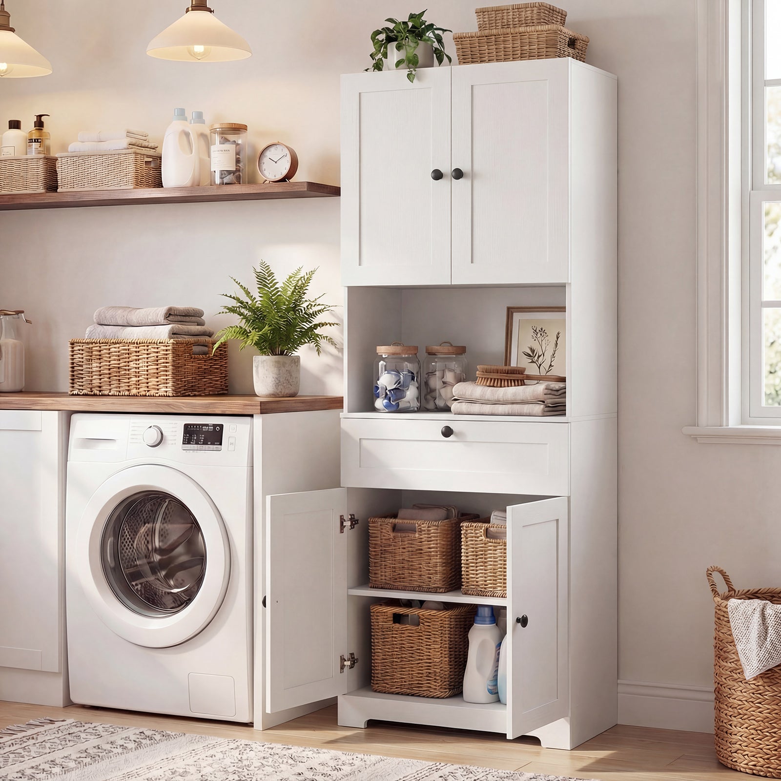 Mobiletto da Bagno Alto 171,5 CM, Armadietto da Terra con 4 Ante e 1 Cassetto, Vano Aperto, Ripiani Regolabili, Organizer Moderno in Legno per Bagno - 9