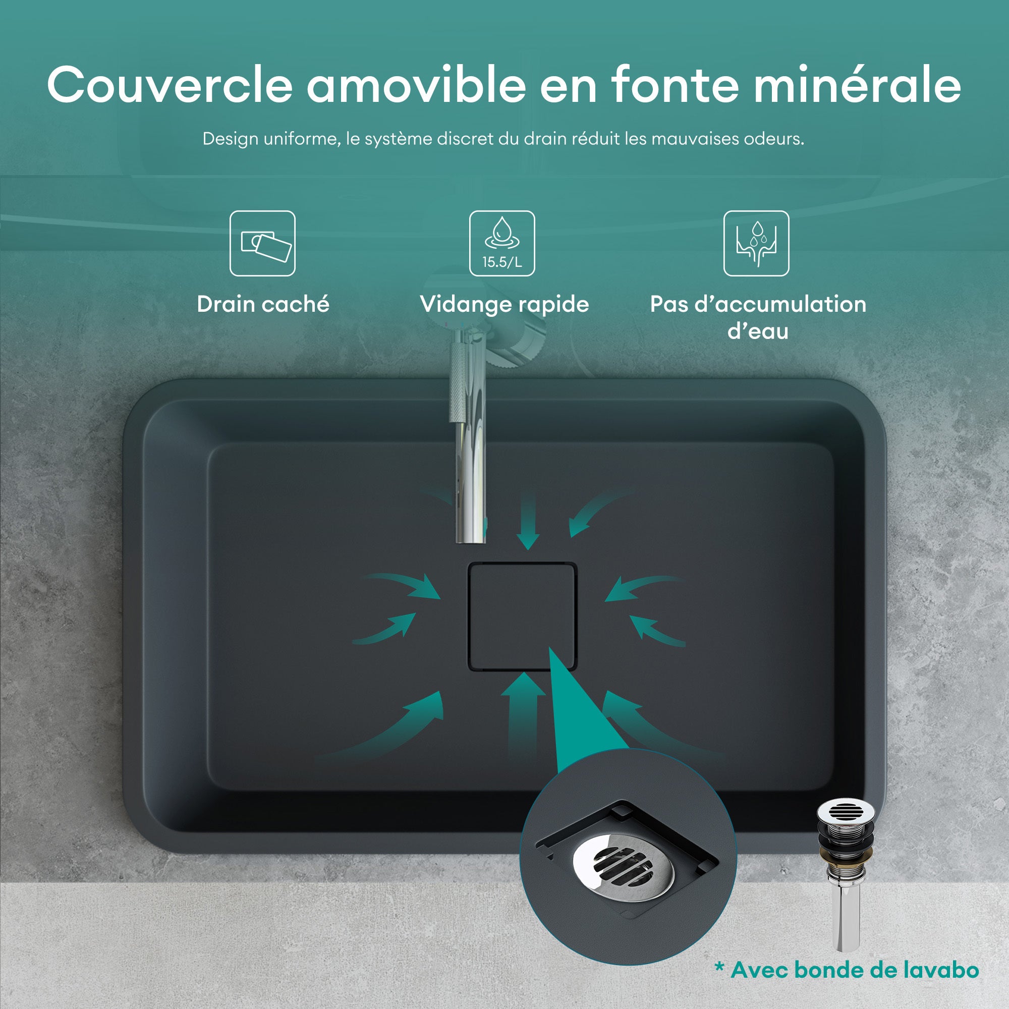 Vasque à Encastrer, Lavabo Rectangulaire, Lave Mains Gris Noir Mat en Résine, 53x33x10,5cm, sans Trop-Plein, Cache-Bonde Inclus, Col104 Mai & Mai - 3