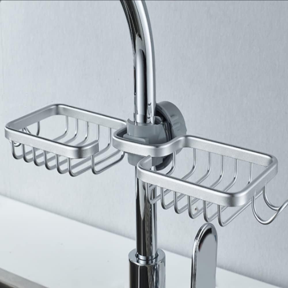 Srebrna półka prysznicowa 36 x 13 x 3,9 cm, 1 sztuka, aluminiowy, dwuwarstwowy, bez wiercenia, uchwyt na mydło, kuchenny kosz spustowy