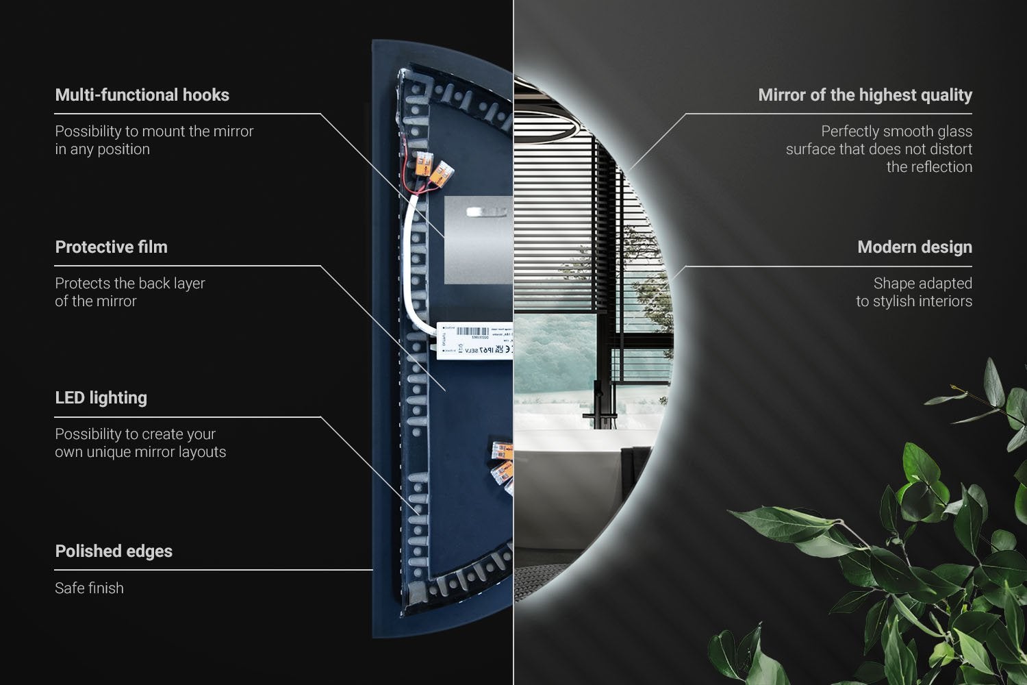 Specchio grande semicircolare LED luce fredda, look moderno 50x100 cm, ArtPrintCave - 3