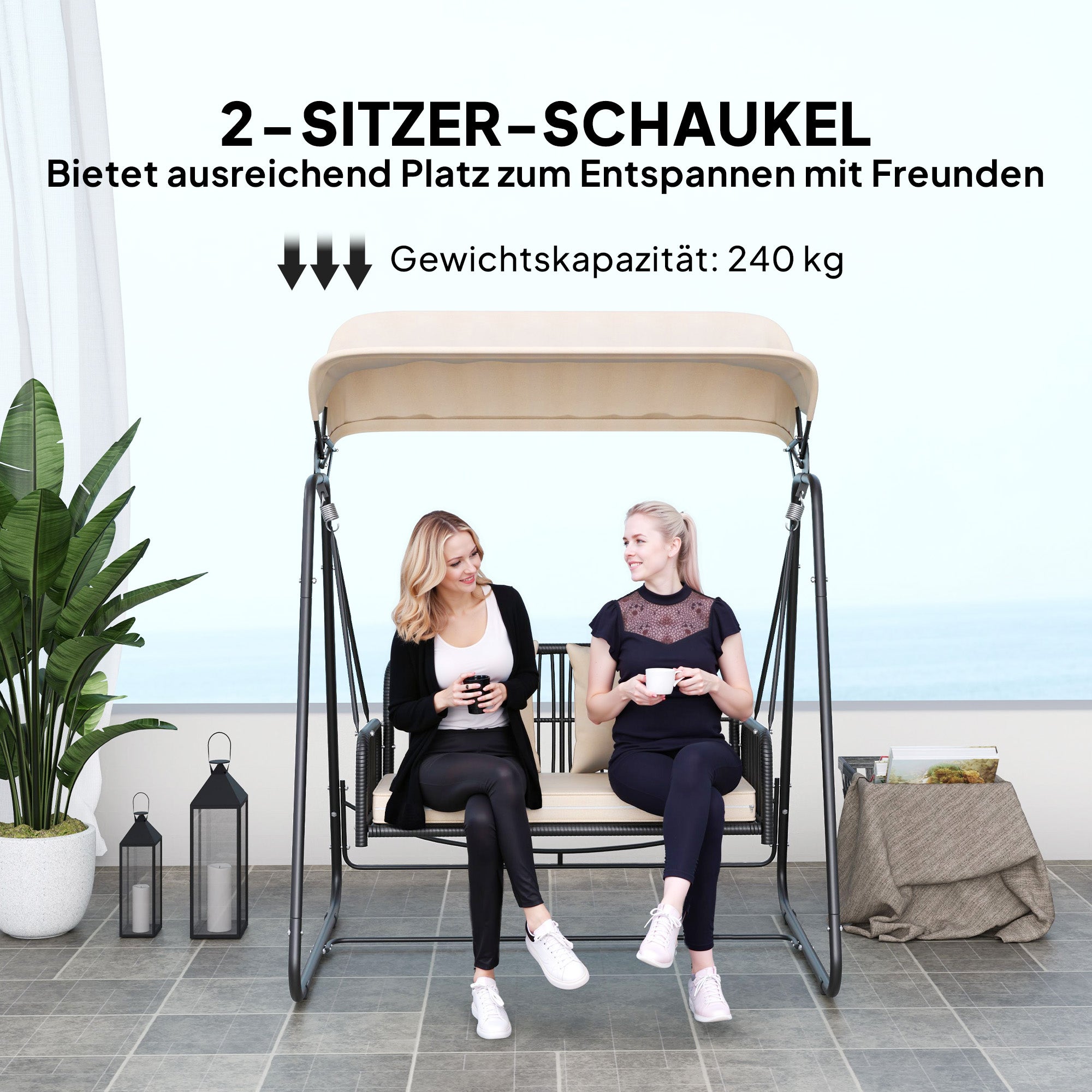 Balancelle de jardin Hollywood Swing 2 places en rotin avec auvent et coussins, jusqu'à 240 kg, 149 x 121 x 180 cm, kaki - 8