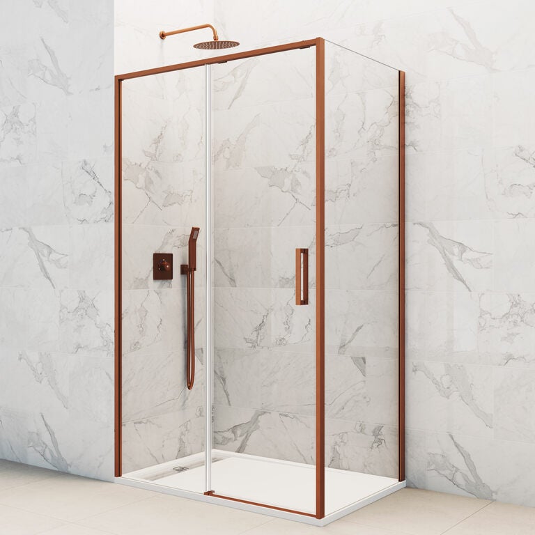 Mampara de ducha corredera 125-130 cm + lateral fijo 75 cm twenty - color cobre - reversible - cierre amortiguado - trat. antical