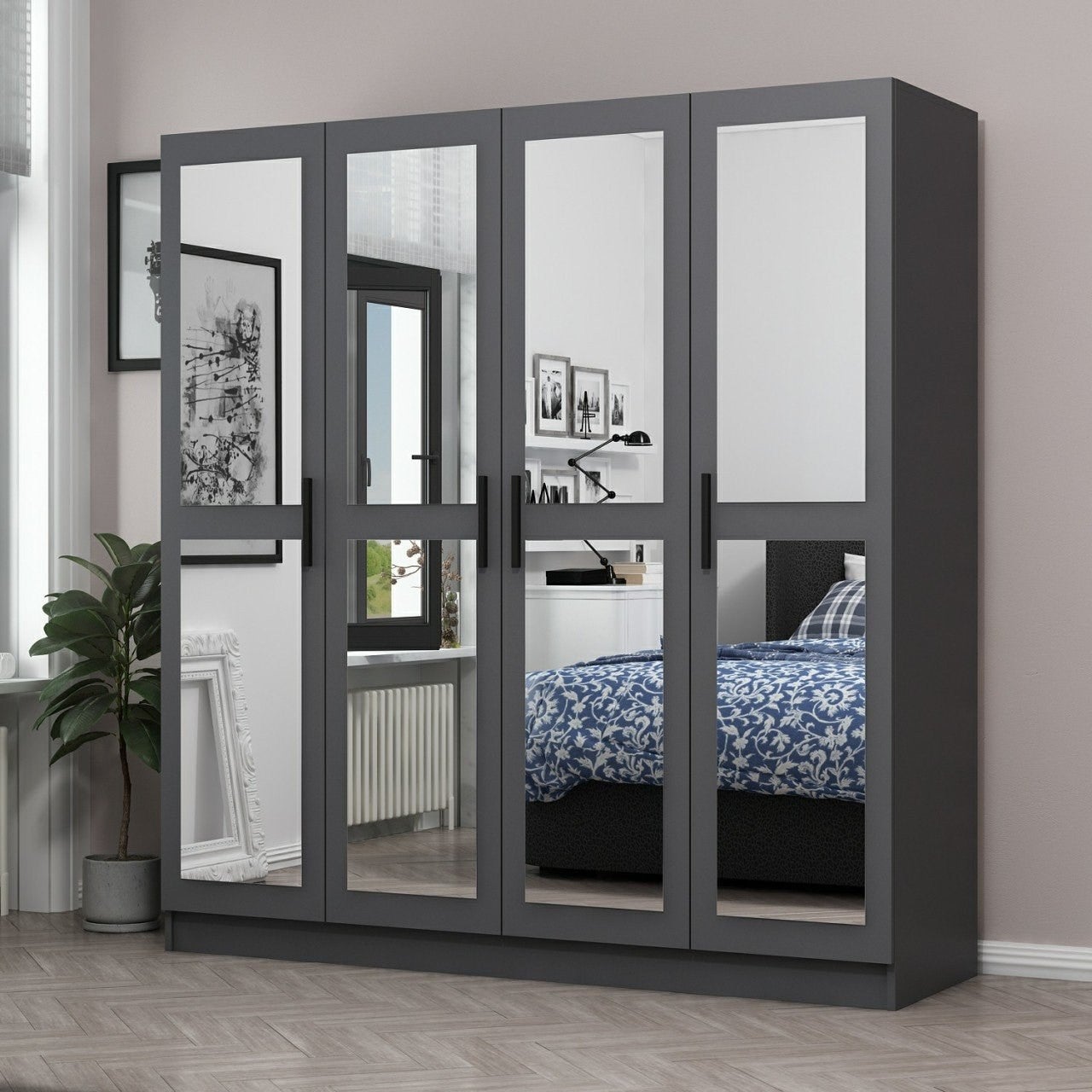 Armoire 4 Portes Et 8 Miroirs Sanur L180xH190cm Anthracite Leroy Merlin