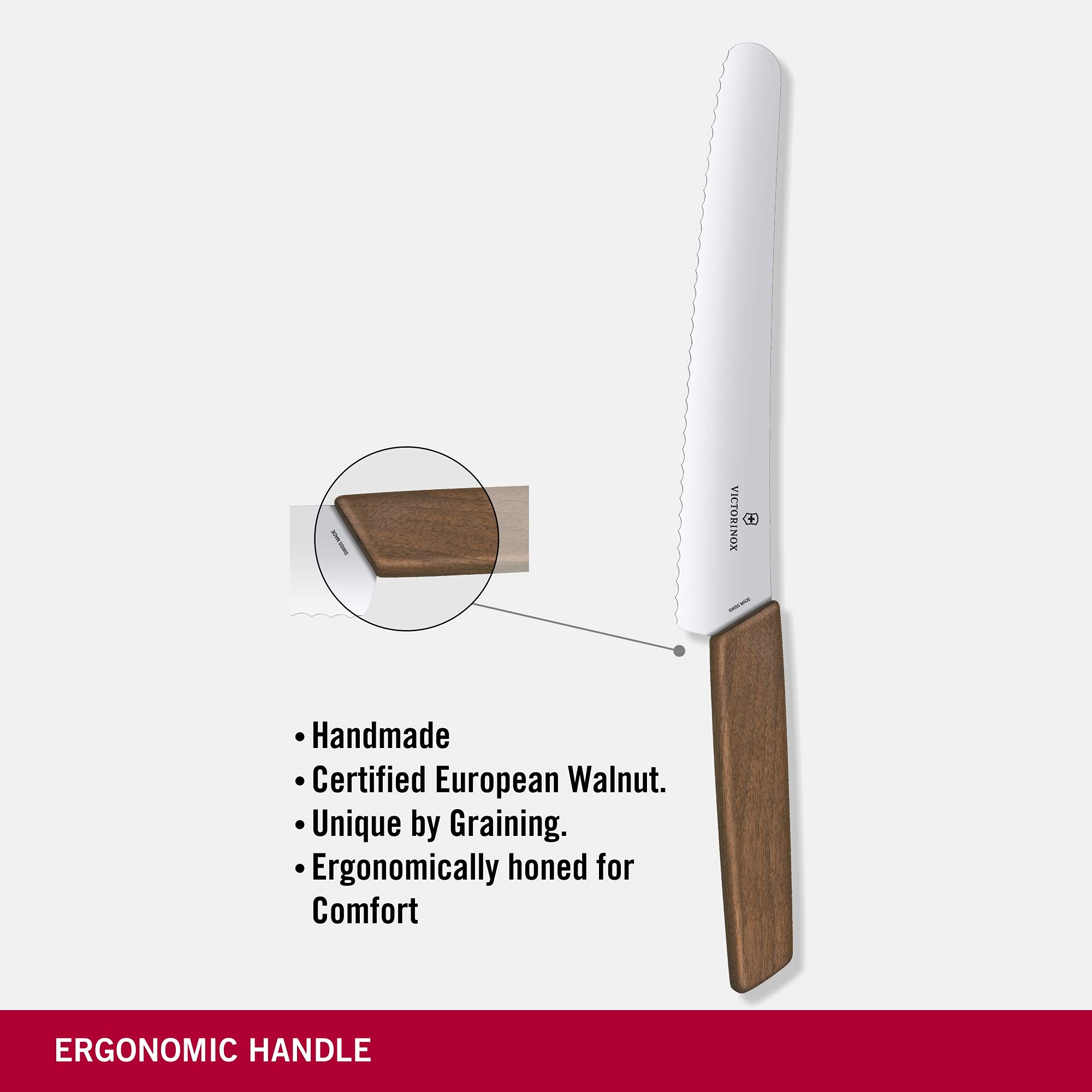 Victorinox Swiss Modern, Coltello professionale per pane e pasticceria, Lama extra affilata, bordo seghettato, 22 cm, Elegante manico in legno, Acciai - 4