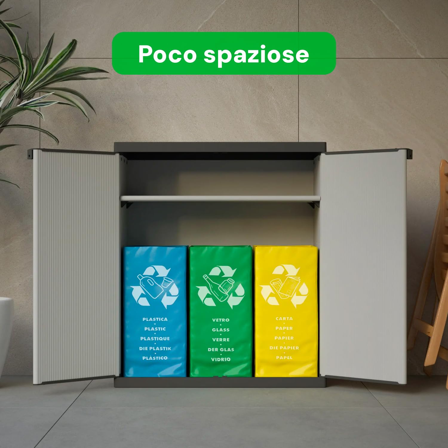 Avilia Set 3 Borse Raccolta Differenziata Lavabili - Kit Sacchi per Spazzatura Colorati per Vetro, Carta e Plastica, con Manici, in PVC - 49.5x19.5/22 - 2