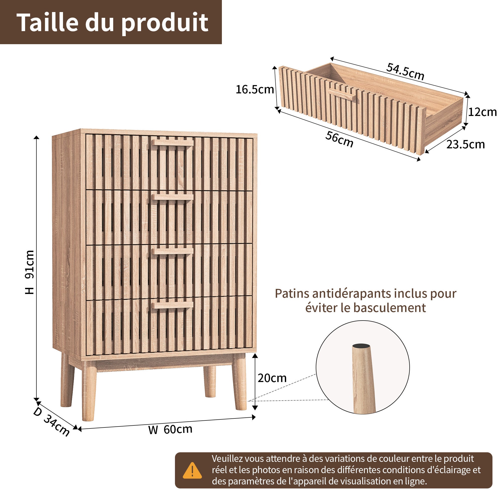 Commode, 4 tiroirs, Chiffonnier, pieds antidérapants et poignée en bois, convient aux salons et aux chambres, 60x91x34 cm - couleur bois naturel - 7