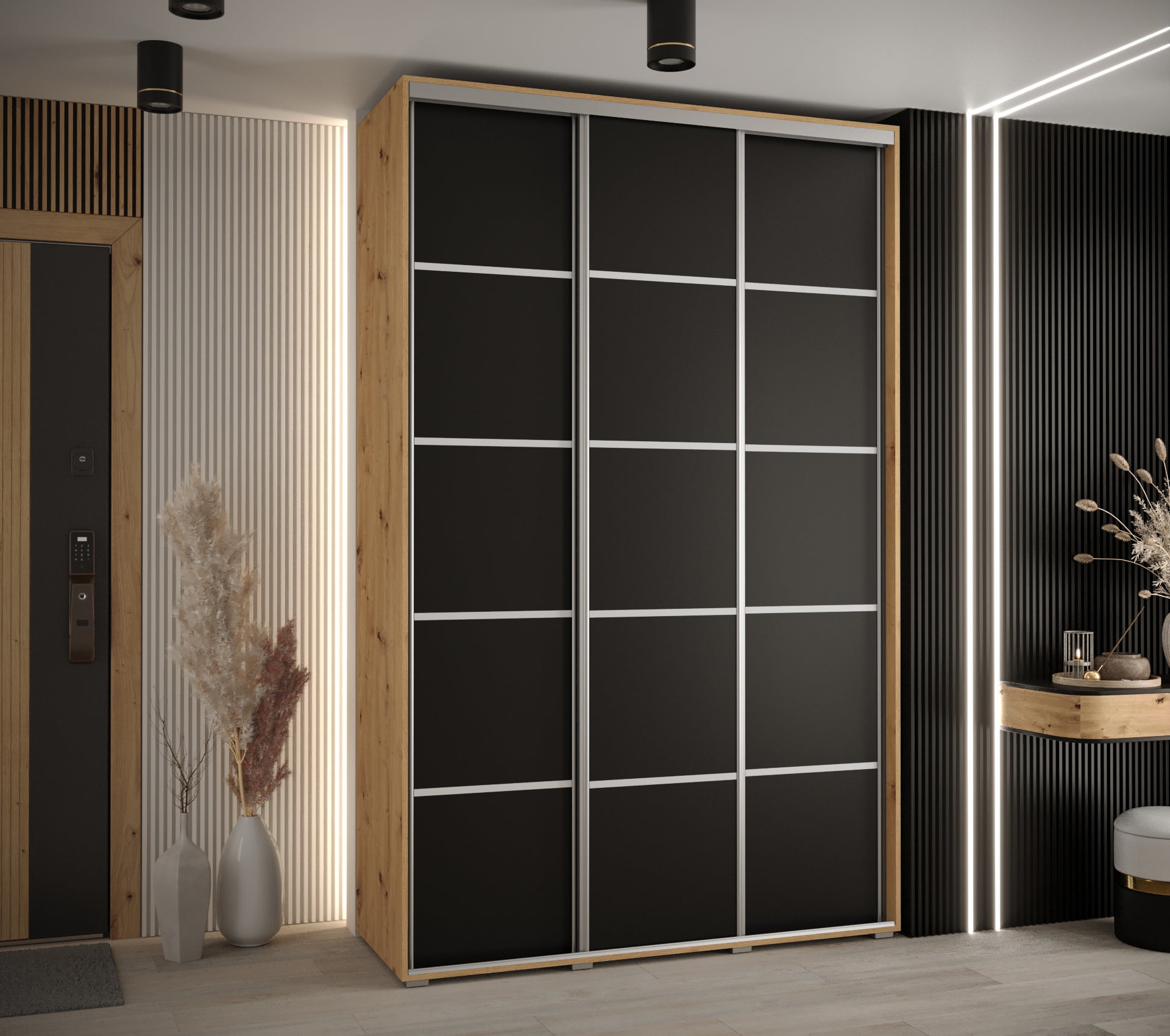 Szafa przesuwna wysoka Davos 4 160 x 60 x 235,2 cm artisan + czarmy + u. srebrny - Abiks Meble - 2