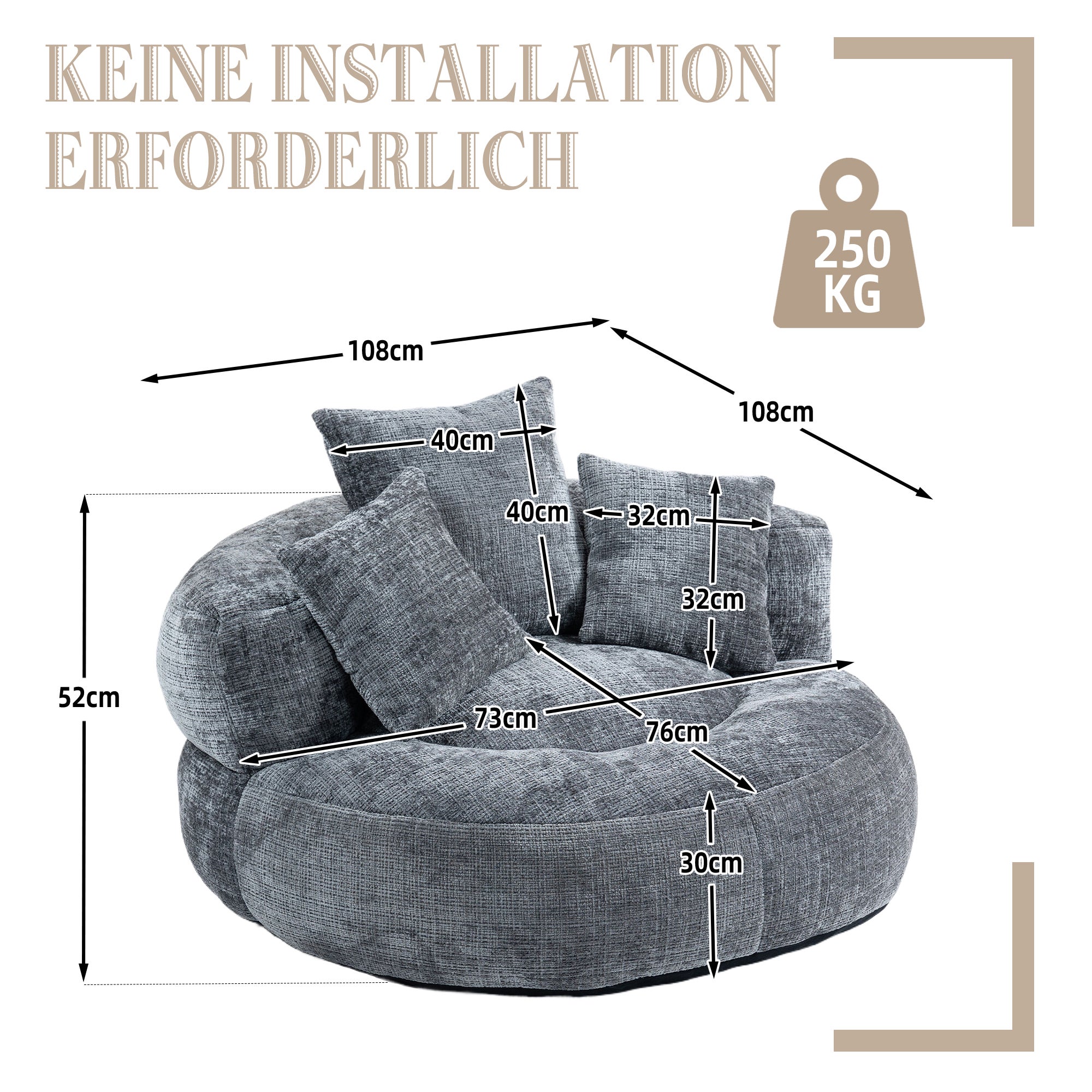 Sofá Puff Lazy Sofa Durável e Confortável com Encosto Alto e Três Almofadas para Adultos e Crianças, Ideal para Escritório (Chenille Cinza) - 6