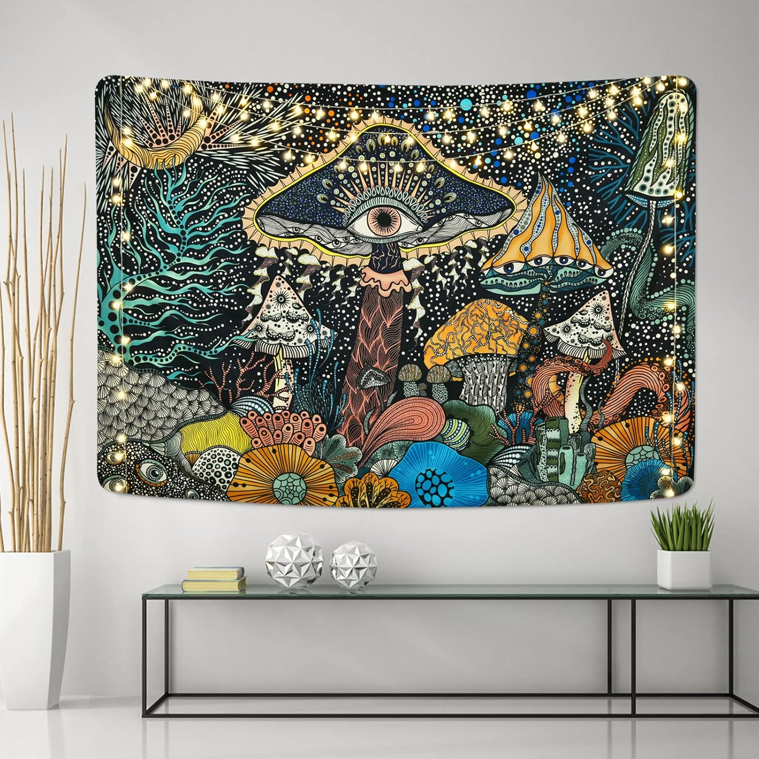 Gobelin z grzybowym okiem, stworzenia morskie, paw, styl boho, abstrakcyjny, ocean, dekoracja ścienna do sypialni (130 x 150 cm) - 3