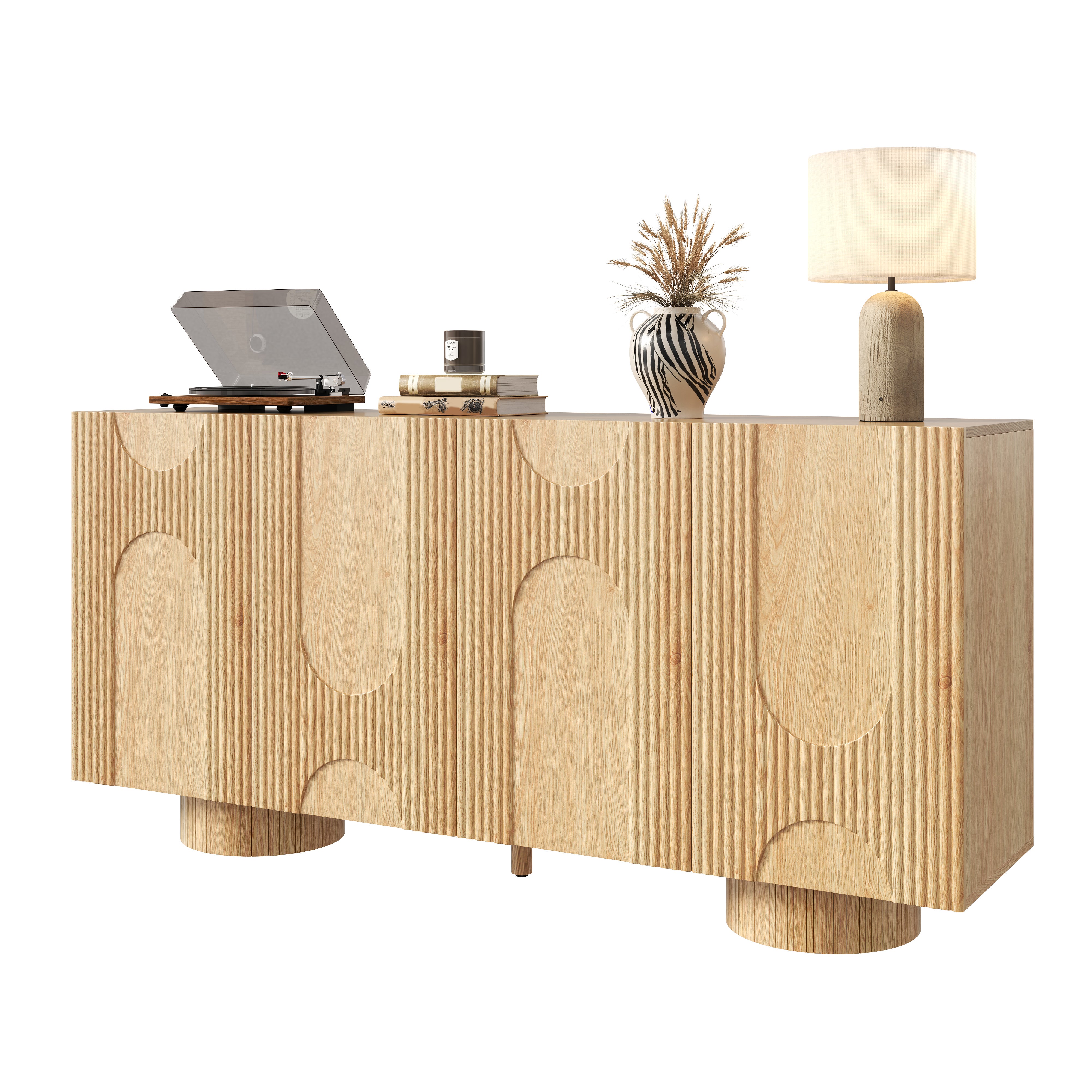 Komoda niska z 4 drzwiami i regulowanymi półkami - MDF + Bambus + Sosna - 160 × 38,5 × 76 cm - Drewno naturalne - 2