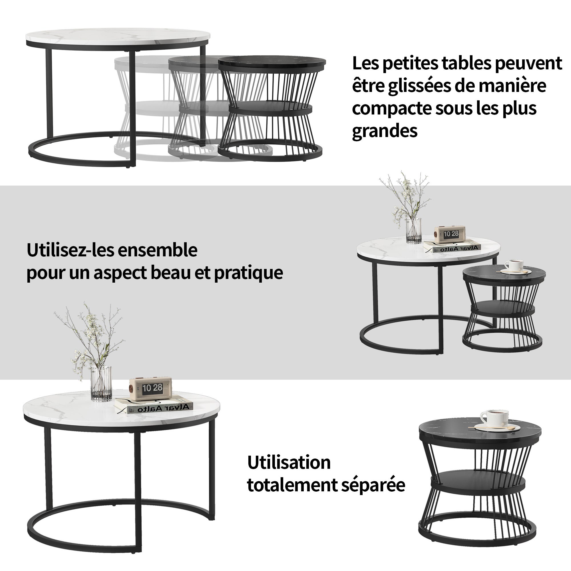 Ensemble de 2 Tables Basses Rondes, Tables Gigognes de Salon Modernes avec Pieds en Métal Doré, Noir et Blanc(70 x 45.5cm) - 6
