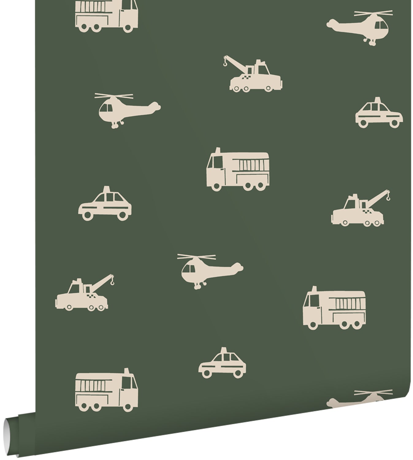 Tapeta samochody, wozy strażackie, helikoptery i dźwigi szaro-oliwkowym - 50 x 900 cm - ESTAHOME