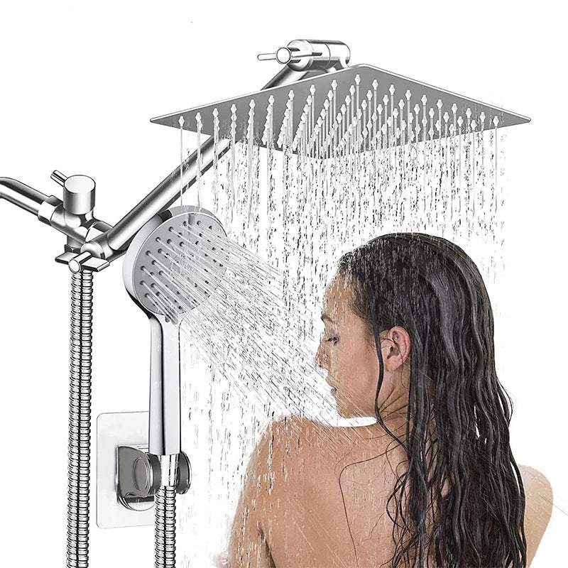 Ensemble de douche chromé de 20 cm avec rallonge, pommeau de douche haute pression, bras d'extension réglable et réglages manuels, et douchette bass. - 2