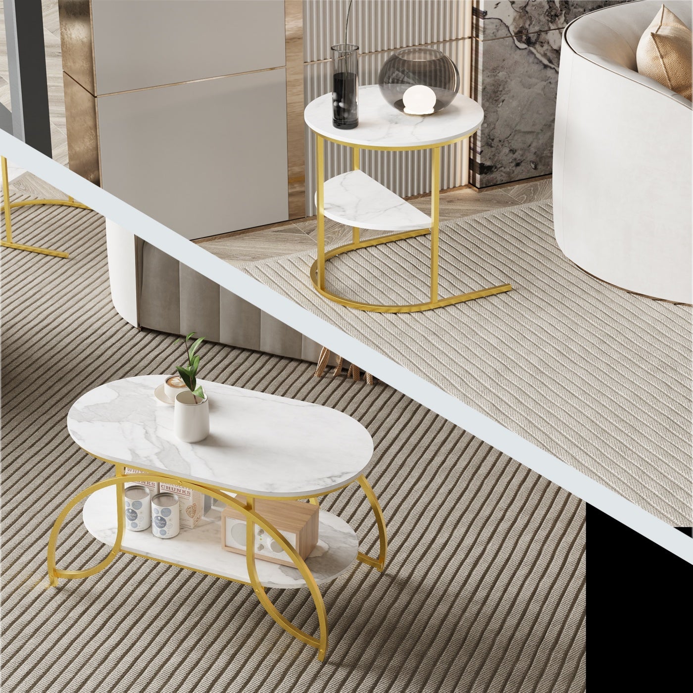 Meuble Table Basse,Table d'appoint, table de canapé 80 x 46 x 51,Table Marbre, Bout de Canapé, Blanc + doré, pour salon, chambre à coucher - 3