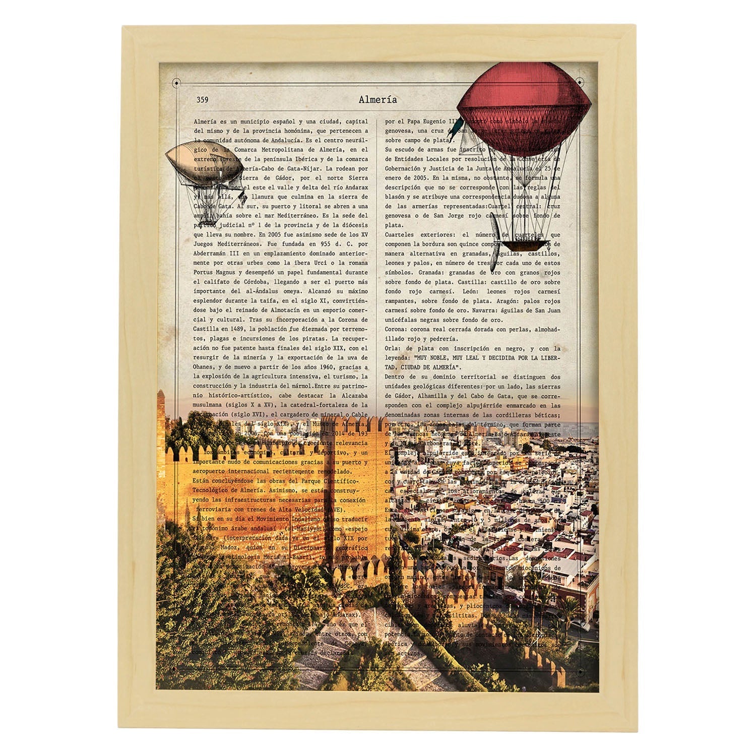 Lamina ciudad de almeria. estilo vintage. ilustracion, fotografia y collage con la historia de almeria. marco blanco - a3