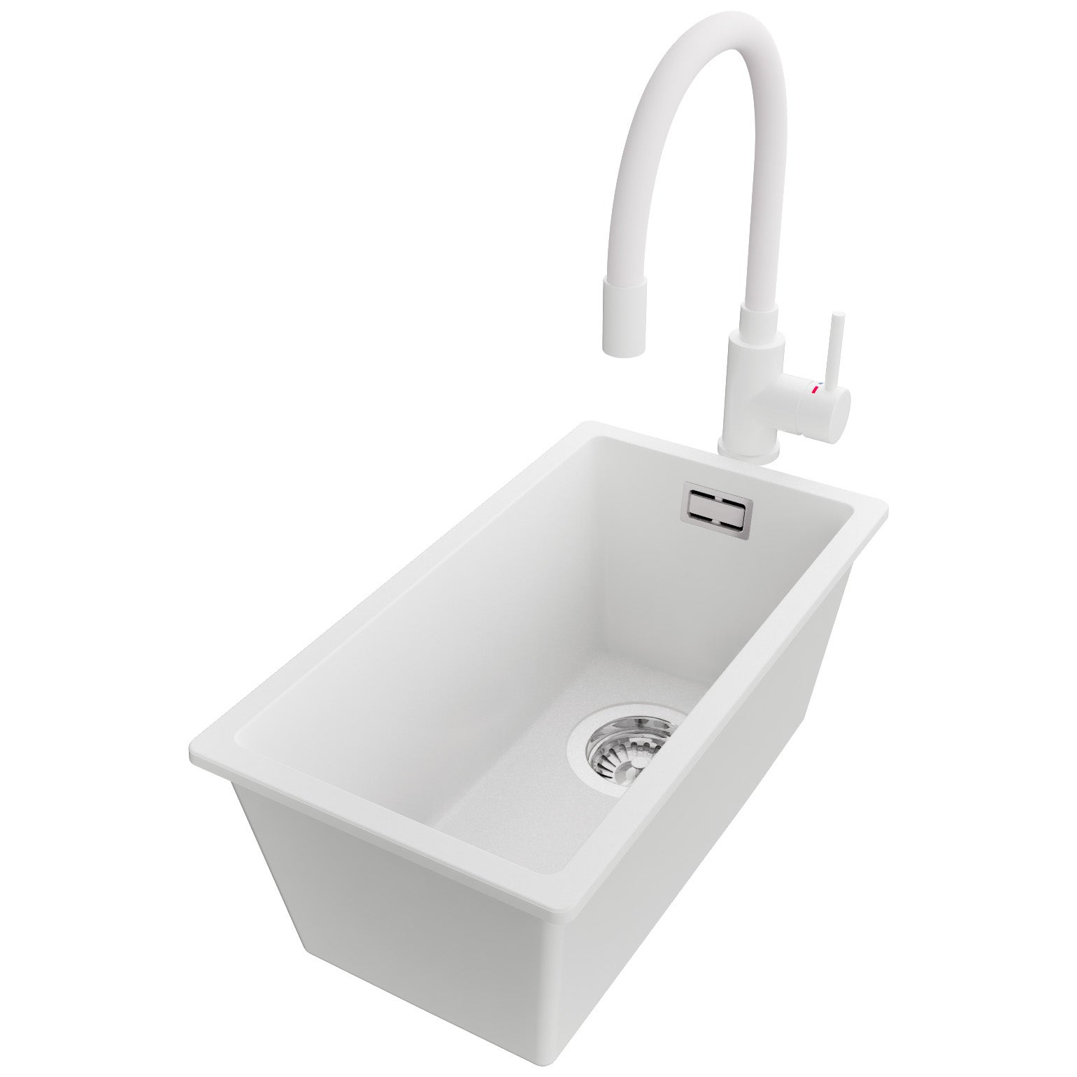 Zlewozmywak Granitowy Biały 26x47cm, Zlew Kuchenny 1 Komorowy + Bateria 38x14cm + Syfon, Nablatowy do szafki od 30cm - Londyn Slim PRIMAGRAN