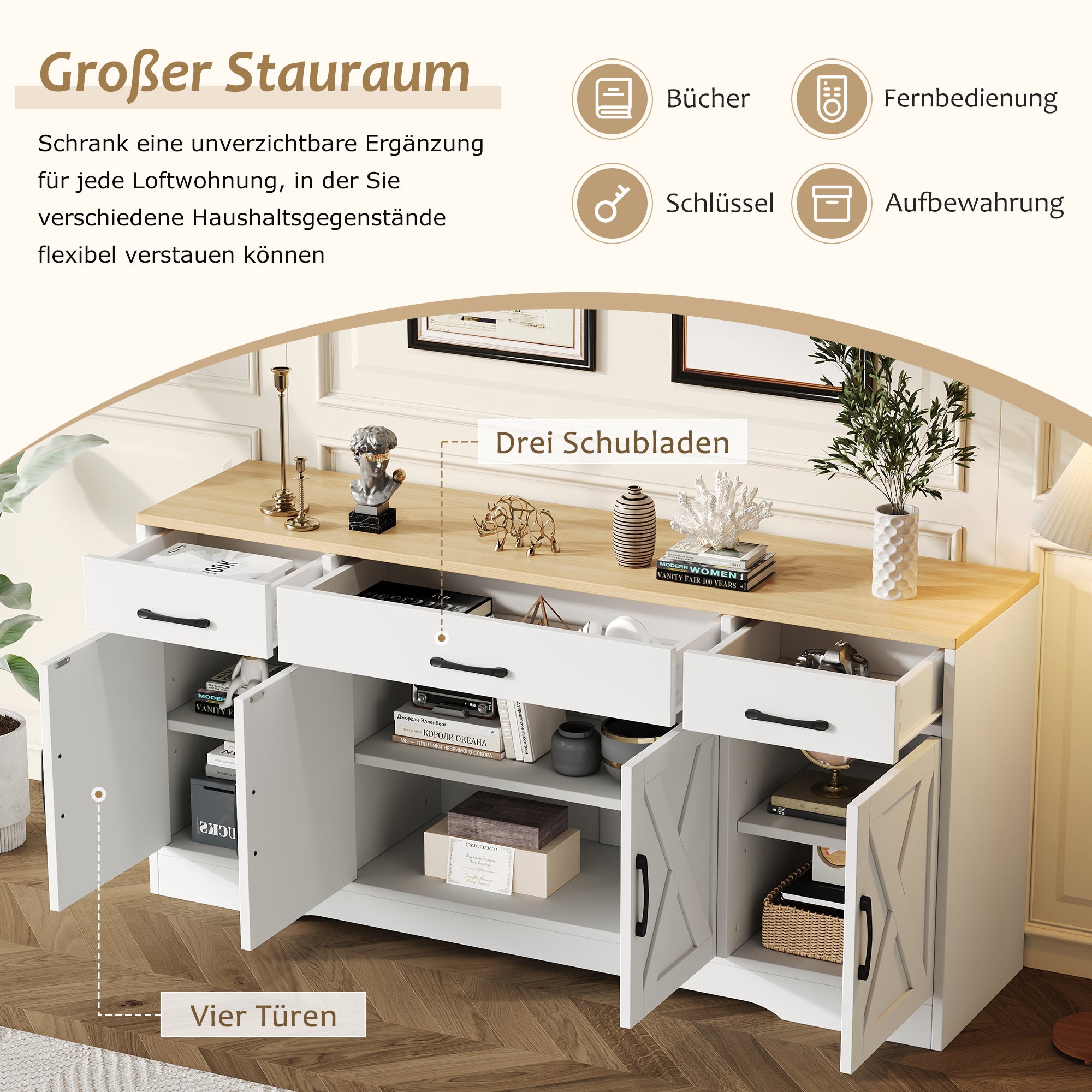 Buffet moderne avec 4 portes et 3 tiroirs - 160 x 37 x 75 cm - Bois MDF - Etagères réglables - Blanc et bois - 8