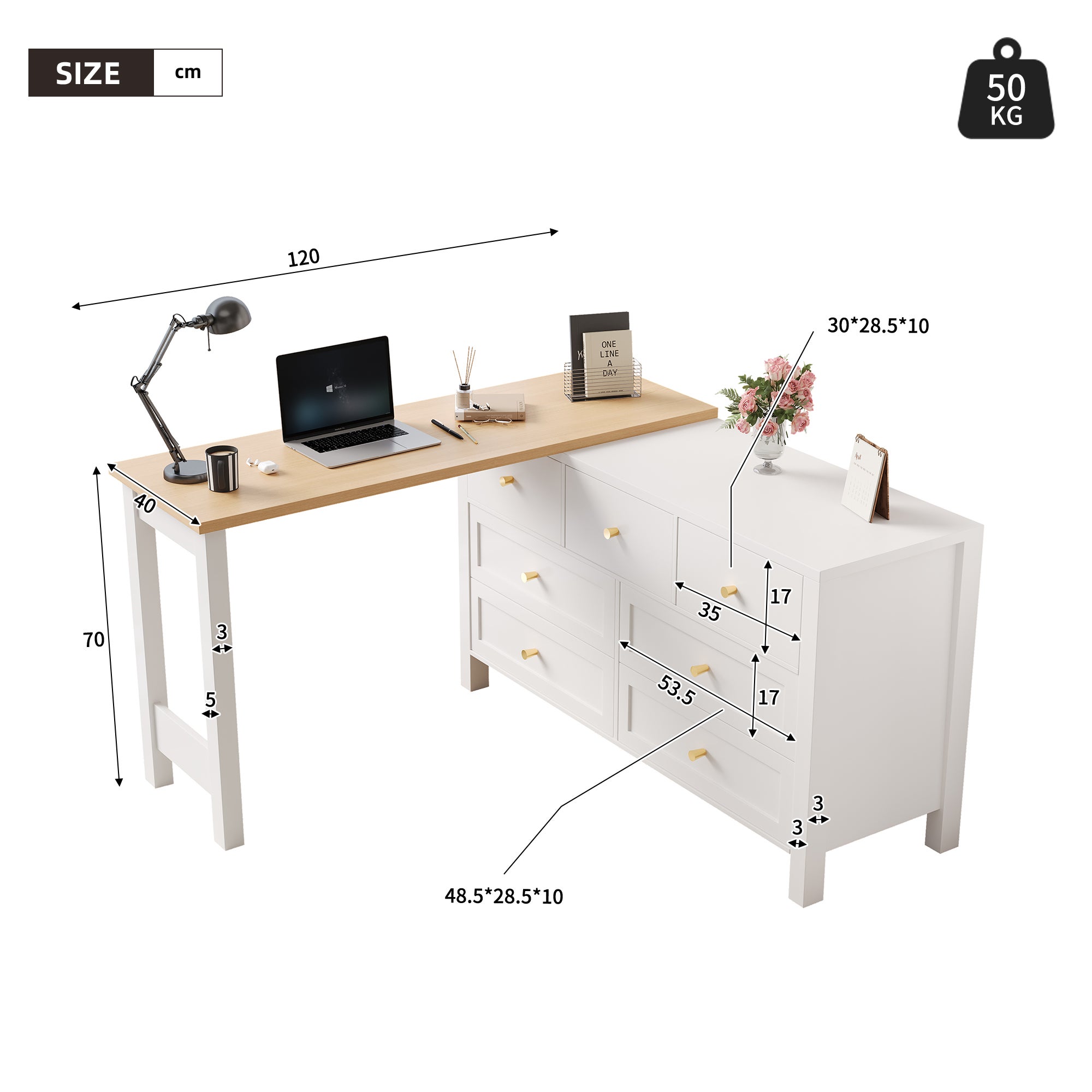 Bureau d'angle avec 7 tiroirs et plateau pivotant, coiffeuse - 120 x 40 x 70 cm - Panneau de particules - Blanc et chêne - 4