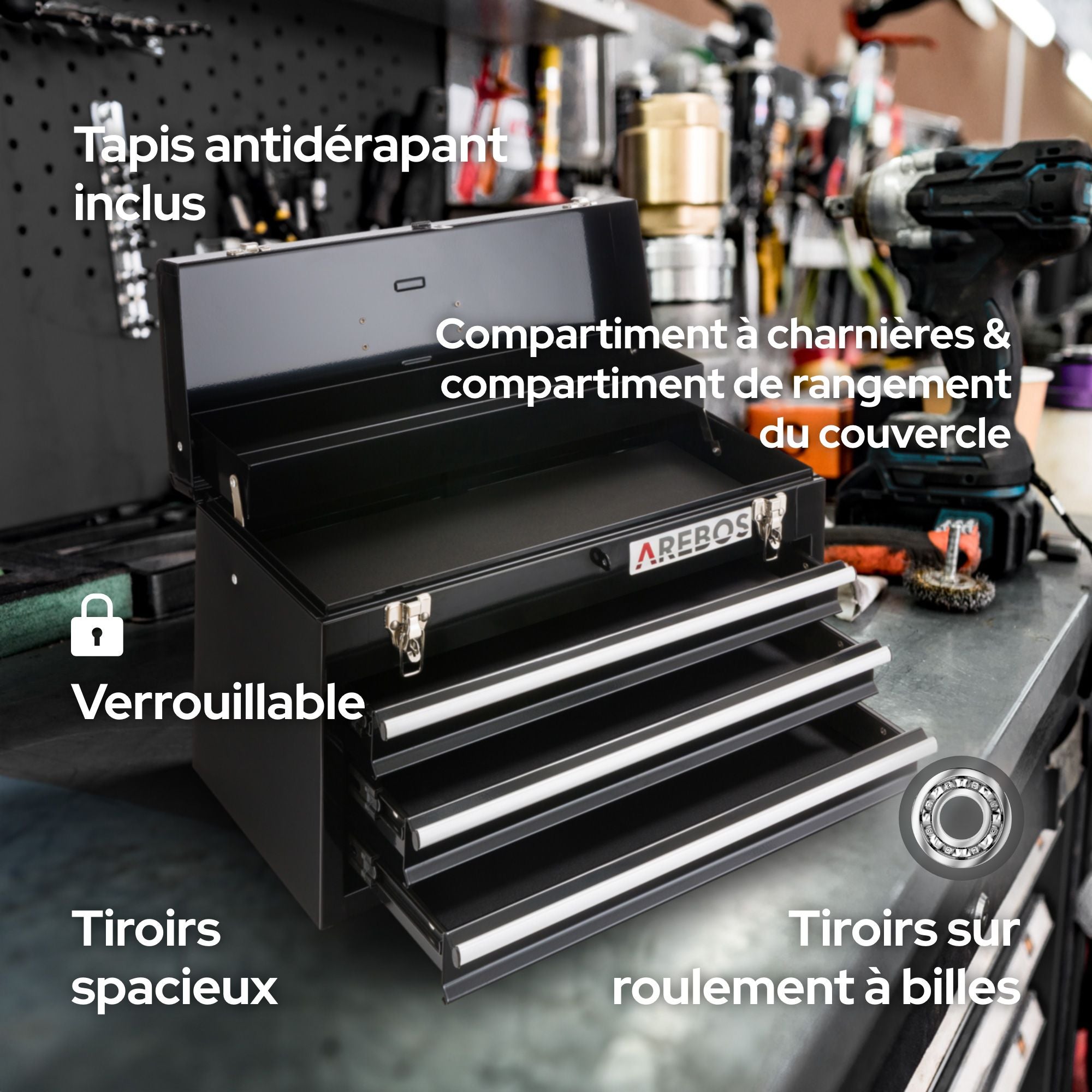 AREBOS Boîte à outils avec 3 tiroirs et 2 compartiments de rangement Noir Poignée de transport et fermetures à pression Coffret à Outils - 3