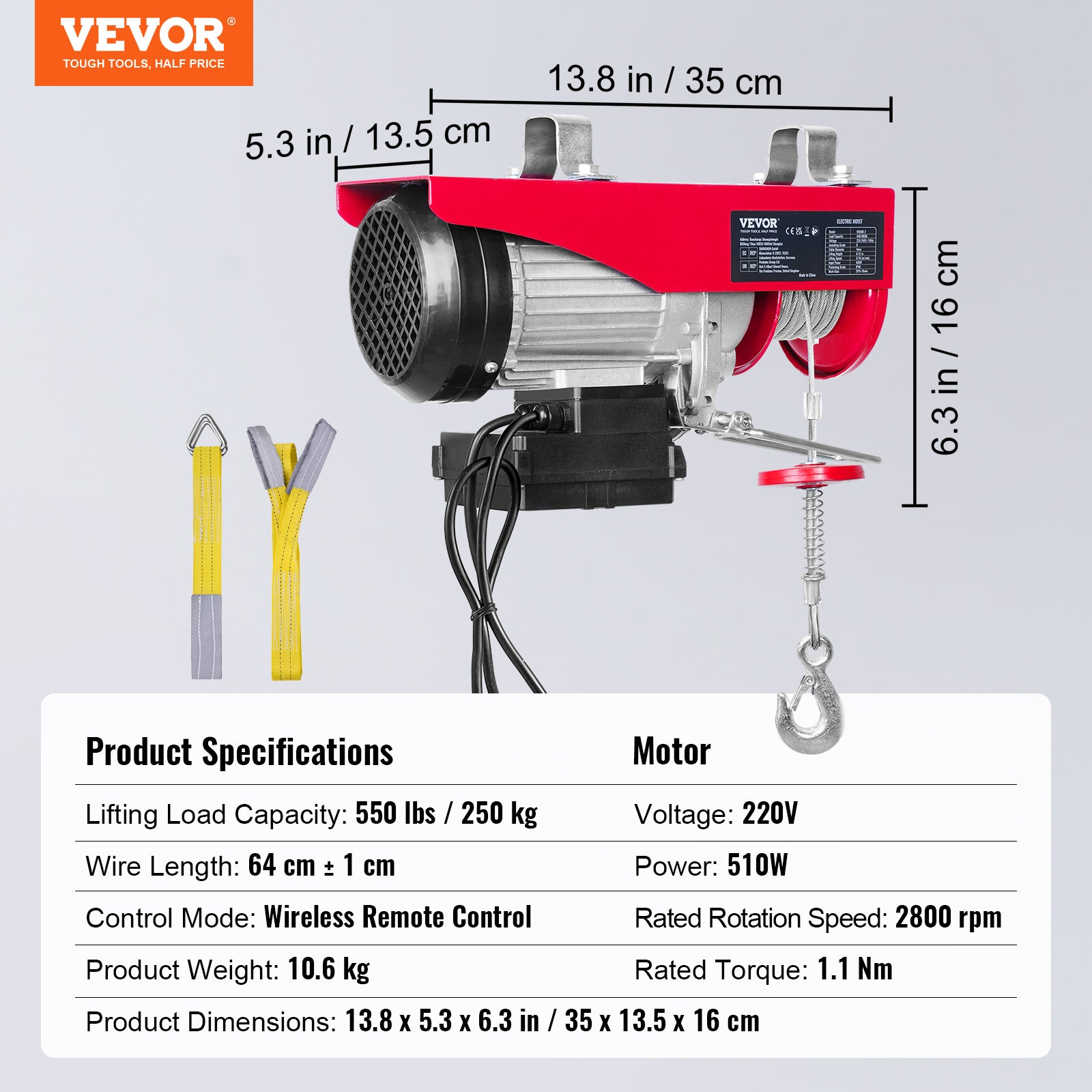 Palan électrique VEVOR Treuil Câble 250 kg Télécommande sans Fil 510 W Treuil-Palan 10 m/min Hauteur Levage Câble Simple 12 m Moteur Cuivre - 7