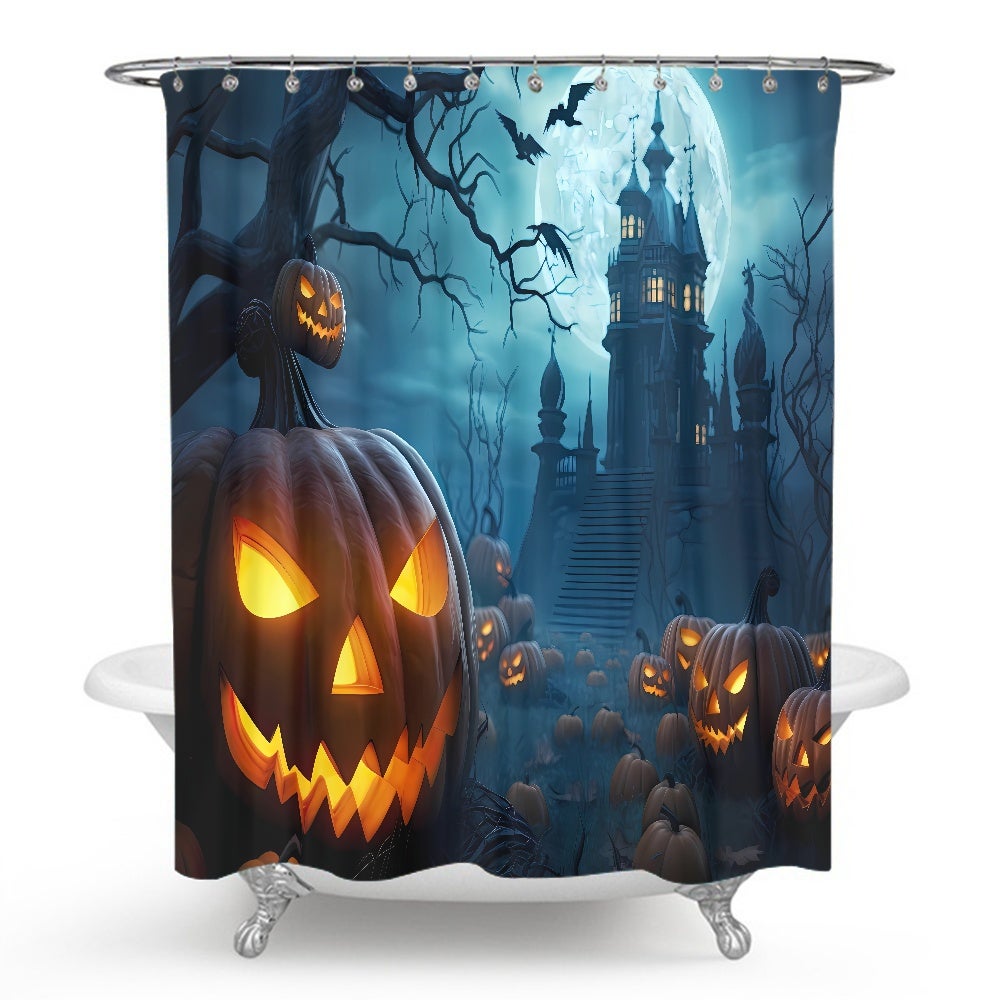 Zasłona prysznicowa na Halloween z motywem zamku grozy i dyni wodoodporna wykonana z poliestru nadaje się do prania w pralce z haczykami x cm