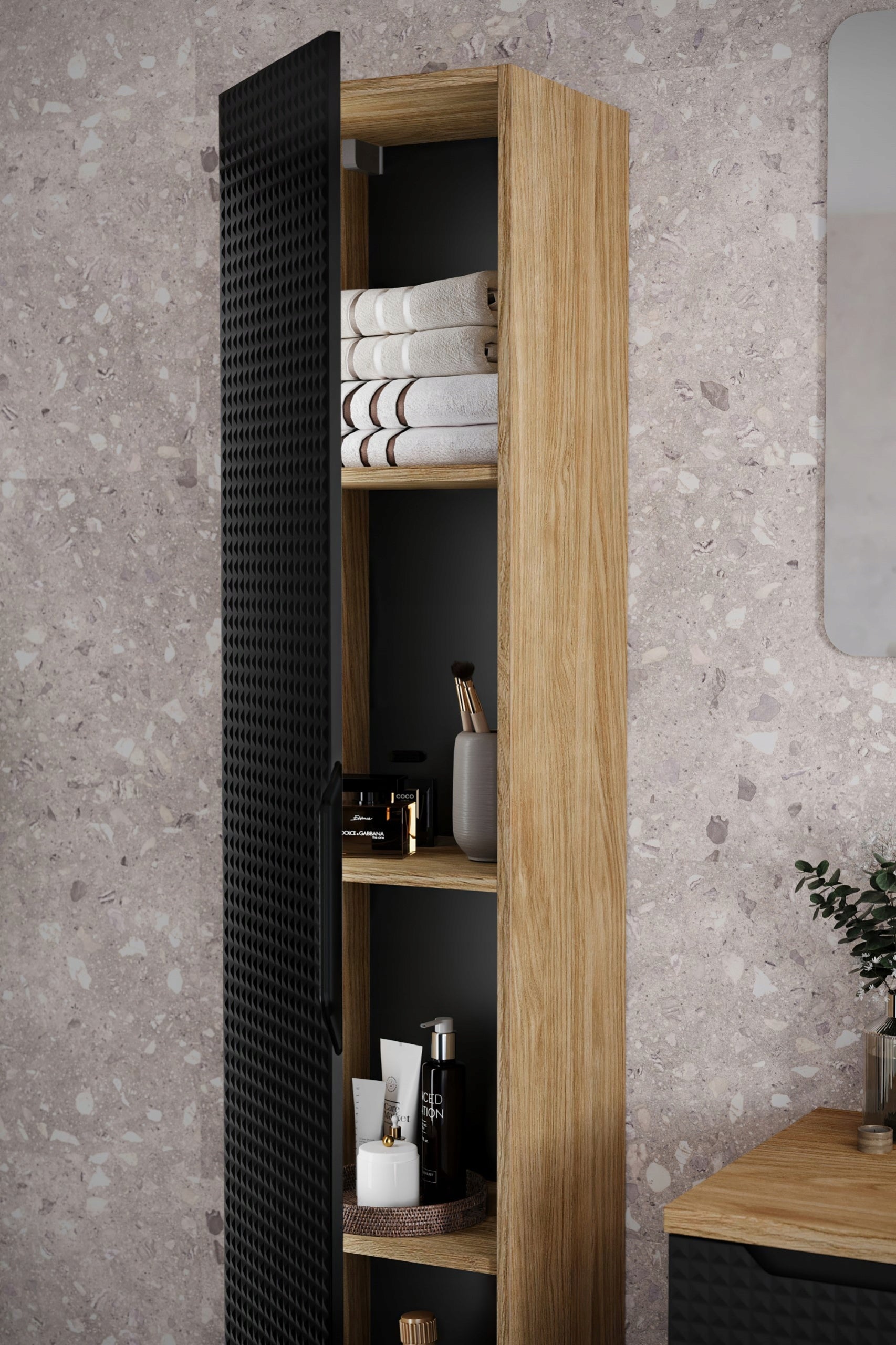 Szafka łazienkowa LUXOR 120 cm czarna dąb olejowany front 3D MDF wisząca - 4
