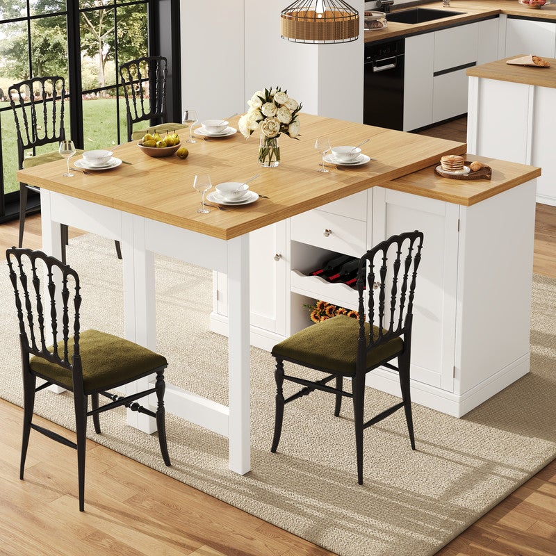 Table bar extensible,Îlot cuisine pivotant 360° avec casier à vin et rayon à grignotage,ilot central cuisine,Porte d'armoire magnétique,Blanc - 6