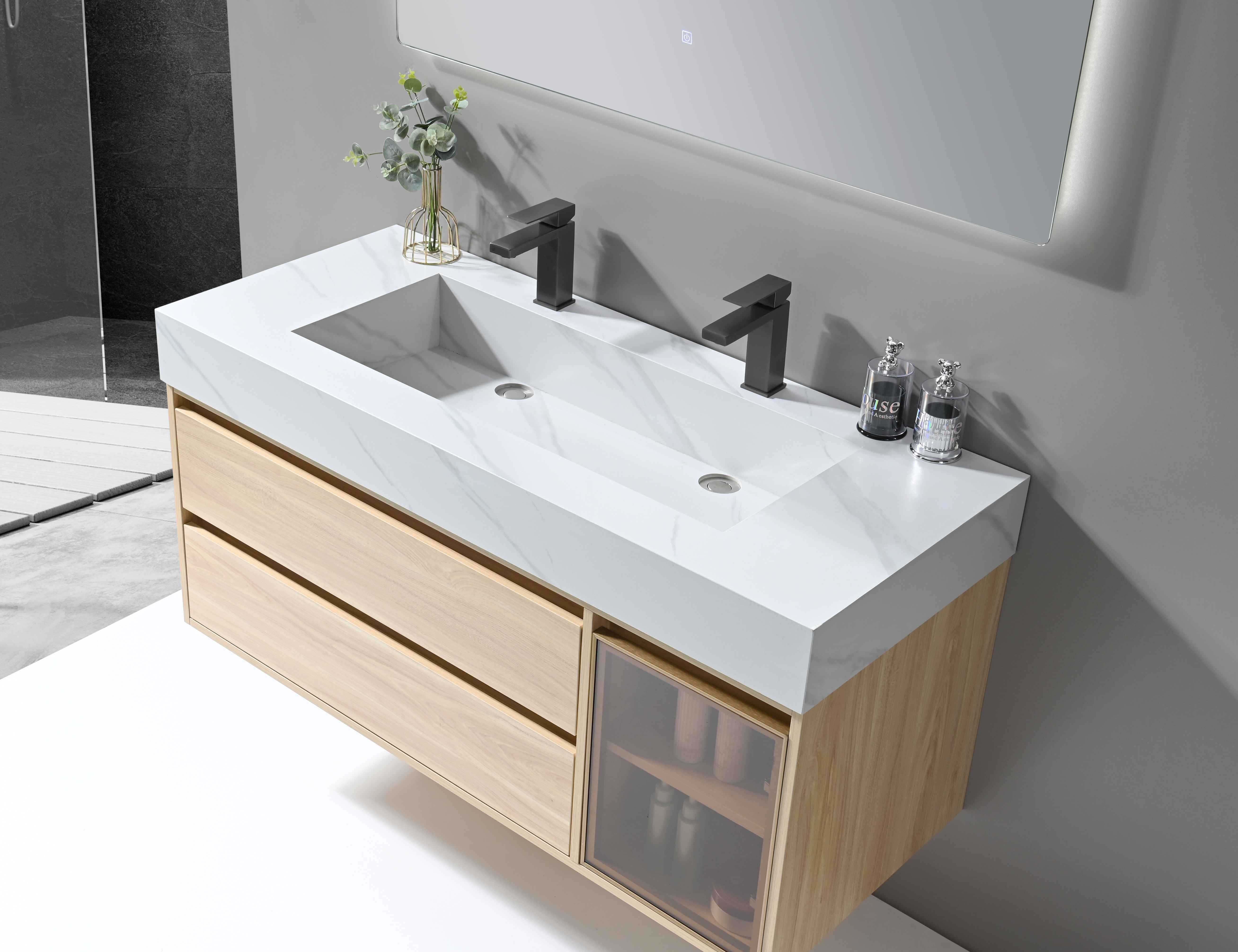 LuxuryBain- Meuble de salle de bain double vasque 120cm bois et blanc effet marbre avec miroir LED LB-8512 - 3