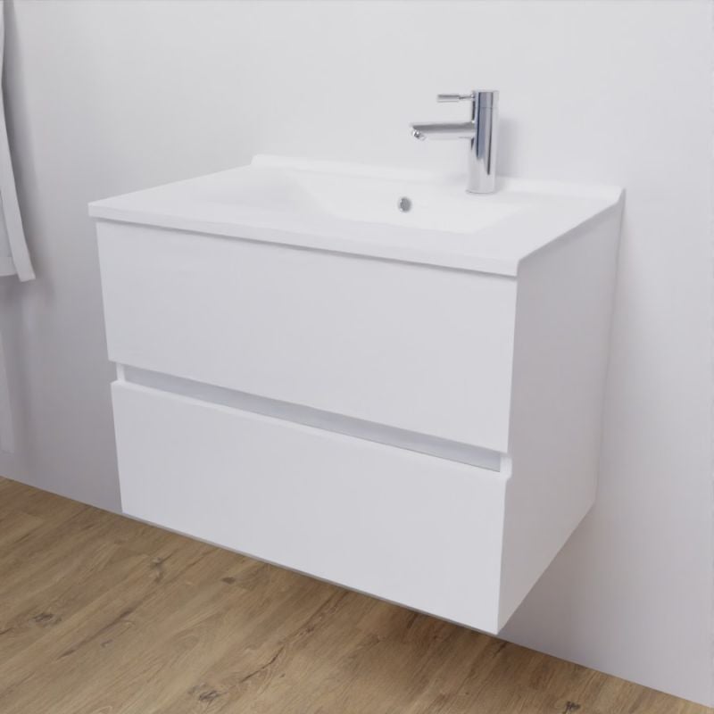 Meuble salle de bain suspendu 70 cm ROSALY | coloris : Blanc | plan vasque : Résine - 3