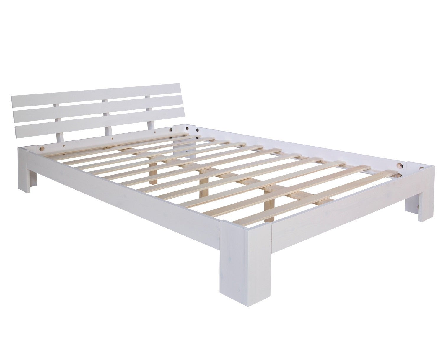 Lit Double 140x190 Cm En Bois Massif - Blanc - Avec Sommier à Lattes - Pour Adulte Ou Adolescent