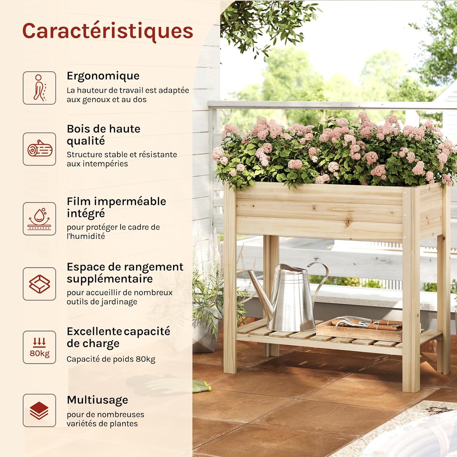 Jadinière surélevée en Bois WOLTU, Carré potager, Étagère avec Bac à Fleurs, 80x75x40cm, Couleur du Bois - 3