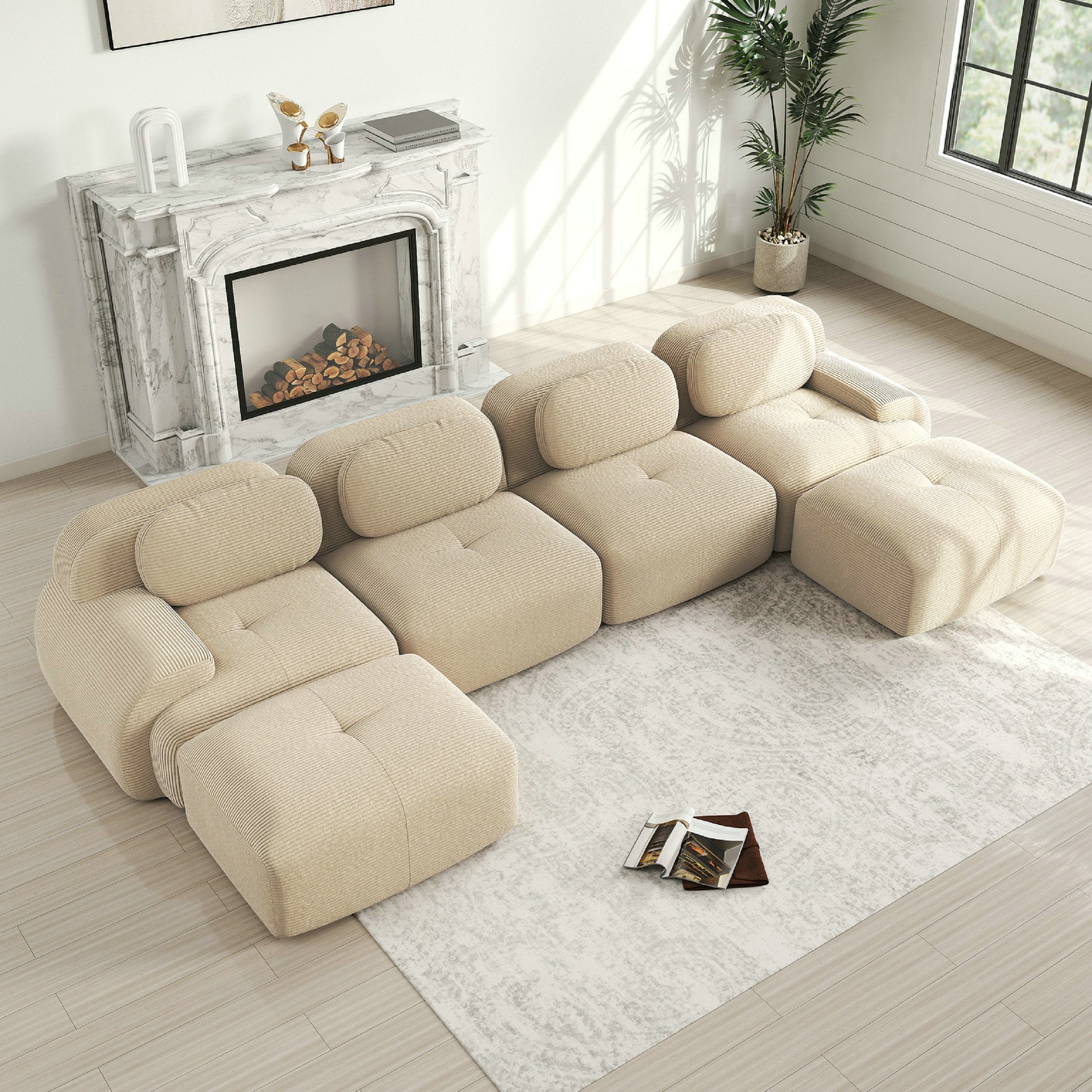 Canapé d\'angle modulable en forme de U Canapé 4 places Élégant - Accroupiers extra-larges- Tissu velours côtelé respirant - Beige - 2