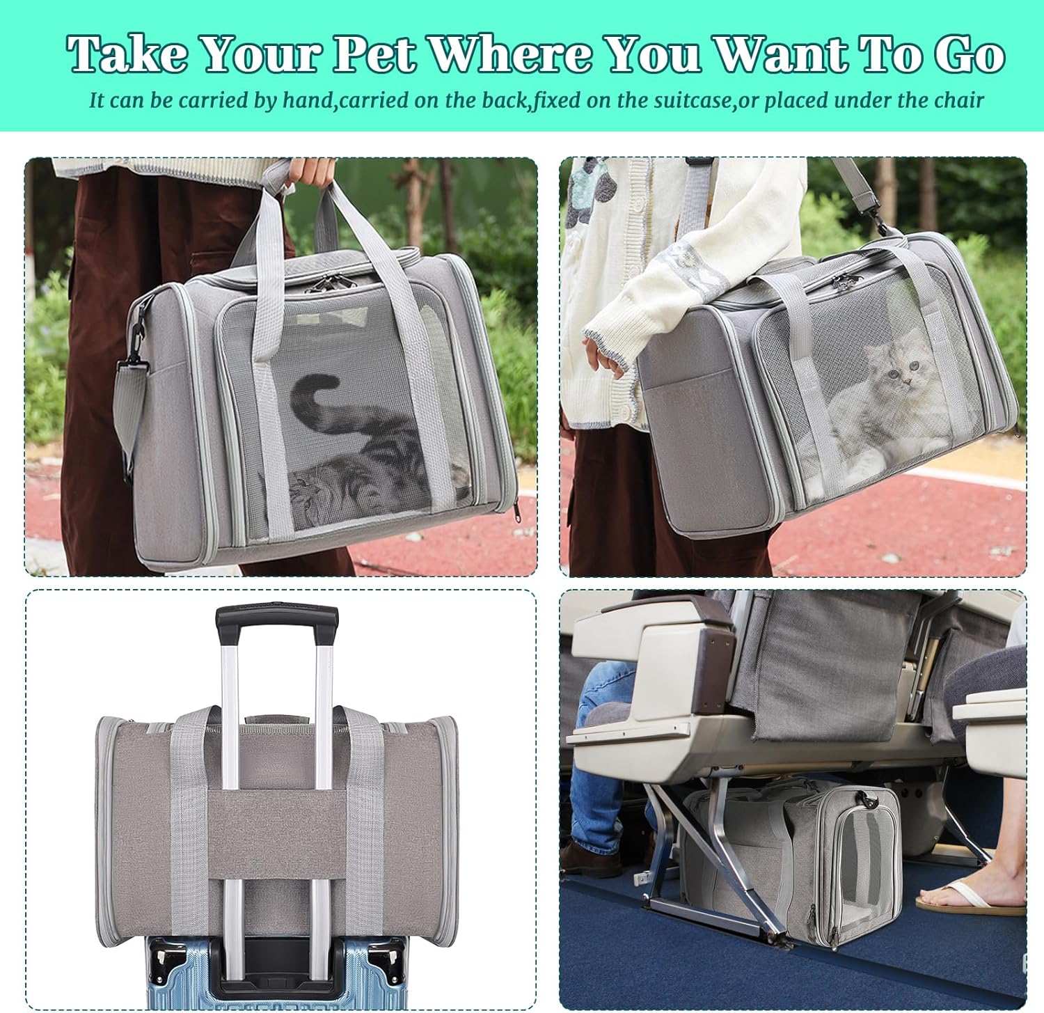Bolsa de transporte dobrável e respirável para gatos e cachorros, ideal para viagens de trem e carro (cinza, 45x28x28cm). - 7