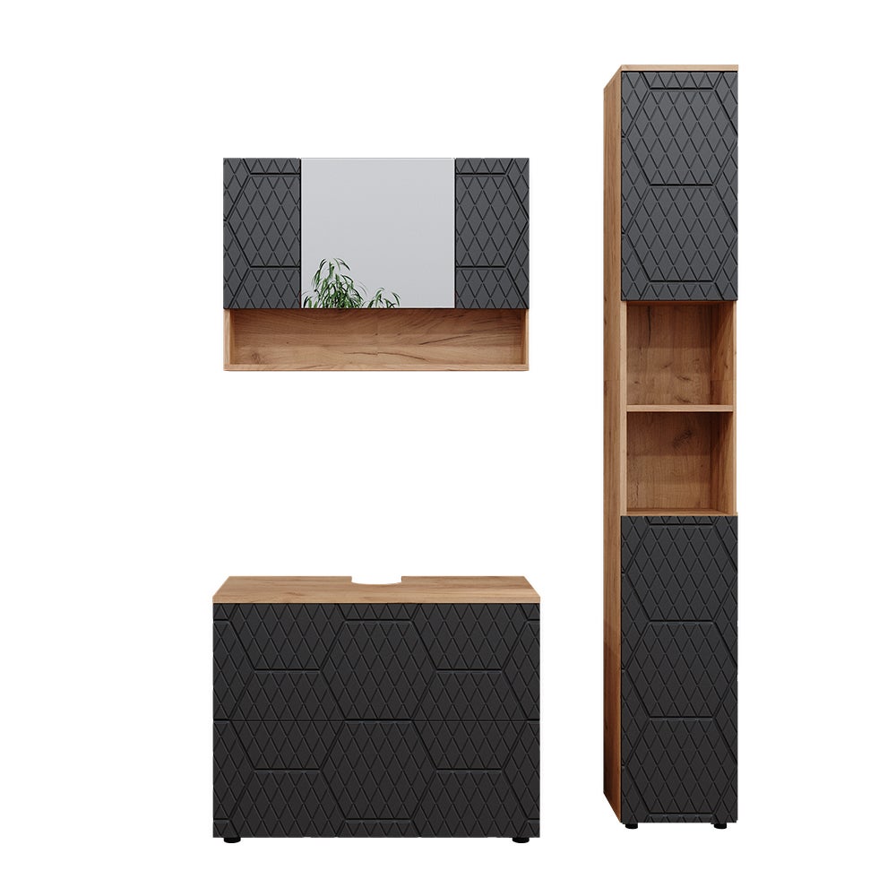 Vicco Zestaw mebli łazienkowych Irma, Antracyt o strukturze plastra miodu, 3 sztuki, z szafką z lustrem 80 cm