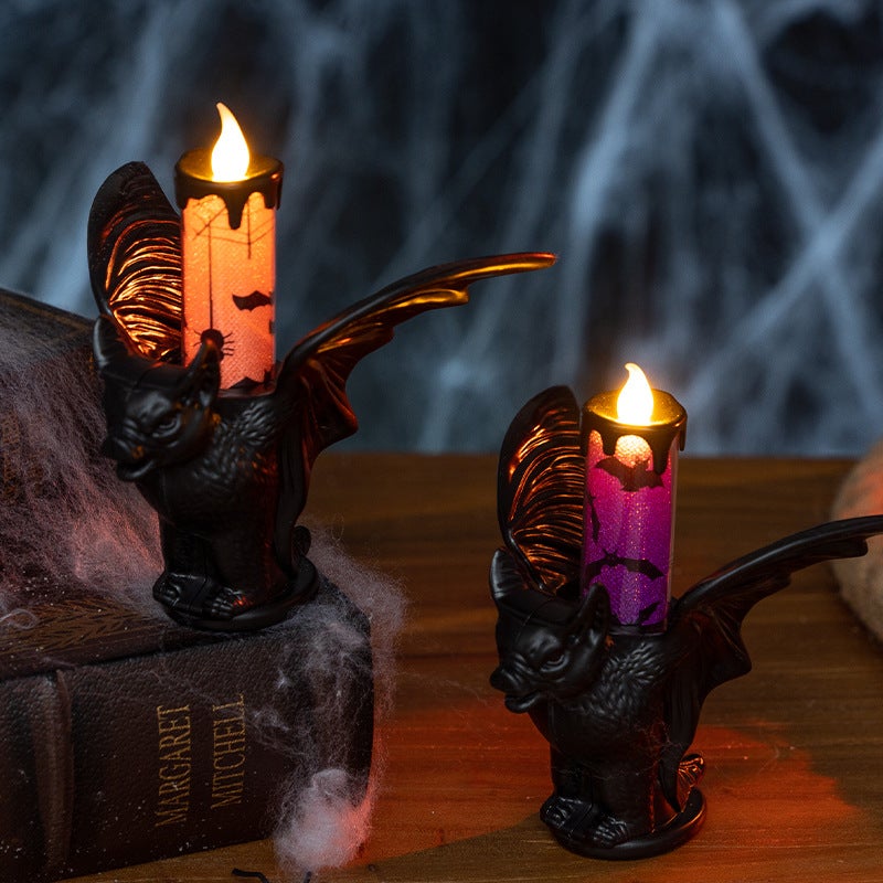 Zestaw 2 świec LED na Halloween bez płomieni ze stojakiem na nietoperze, bezpieczne gotyckie światło do dekoracji imprez lub upiornych wnętrz