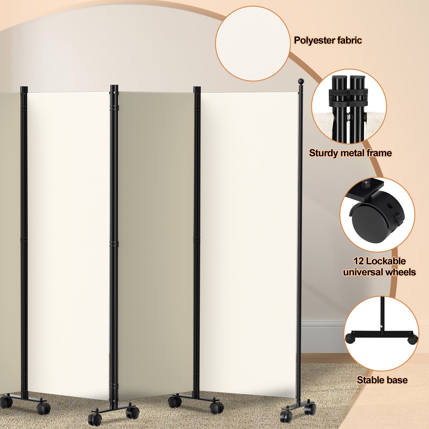 Paravent avec roulettes séparateur de pièce Cloison Paravent écran de confidentialité Écran pour Jardin Beige 284x181 cm - 4