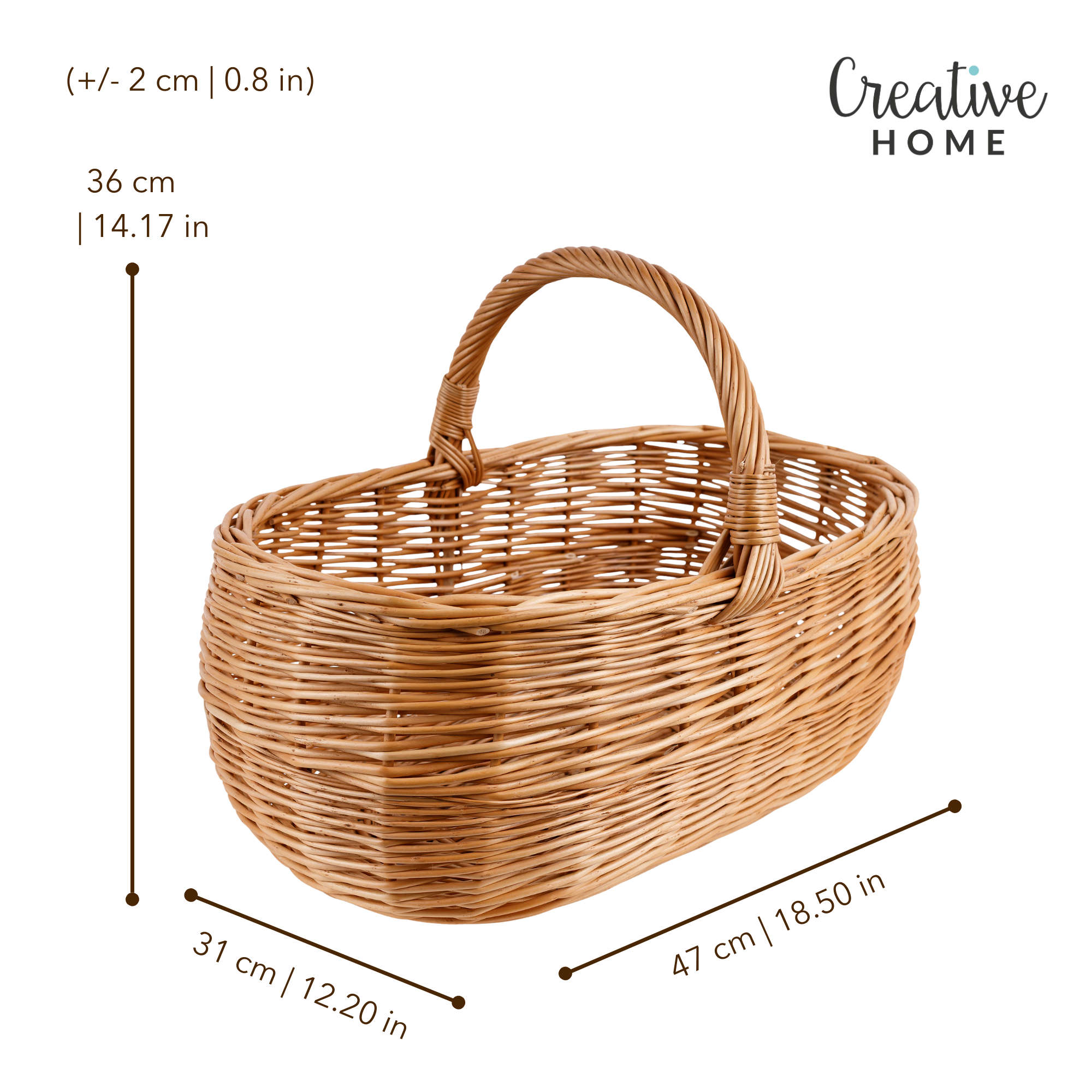 Creative Home Grand Panier Osier Avec Anse 47 x 31 x 36 cm | Marron Naturel | Léger Tressé À La Main - 7