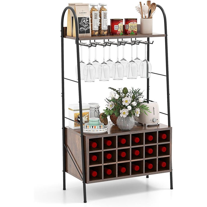 Stojak na wino, stojak na butelki na 18 butelek, z 5 uchwytami na kieliszki do wina i 2 półkami, 110 cm, wolnostojący, piwnicy, baru, rustykalny brąz