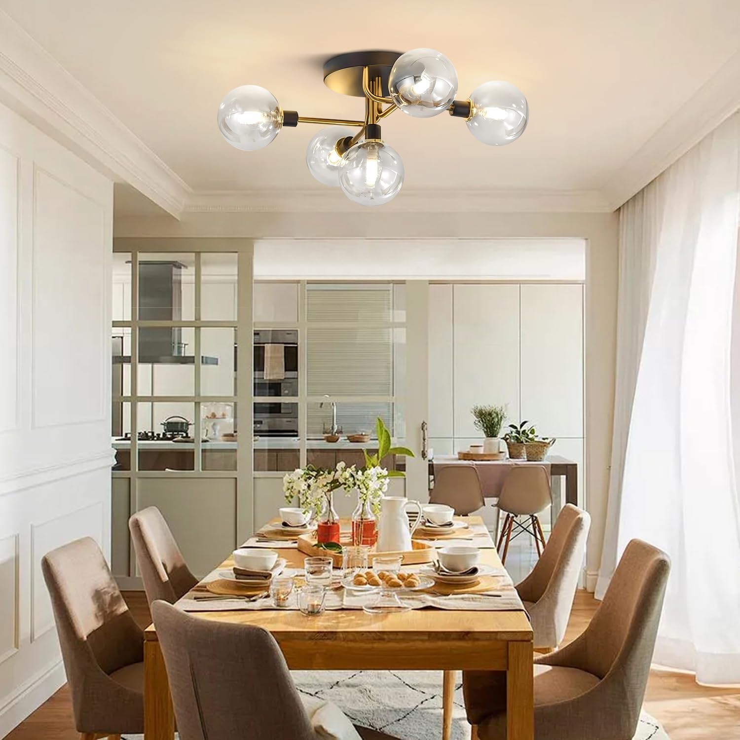 Plafonnier rétro médiéval, abat-jour en verre à lumière moléculaire de luxe avec sphère, lumière blanche, noir et or avec abat-jour transparent, G9 - 9