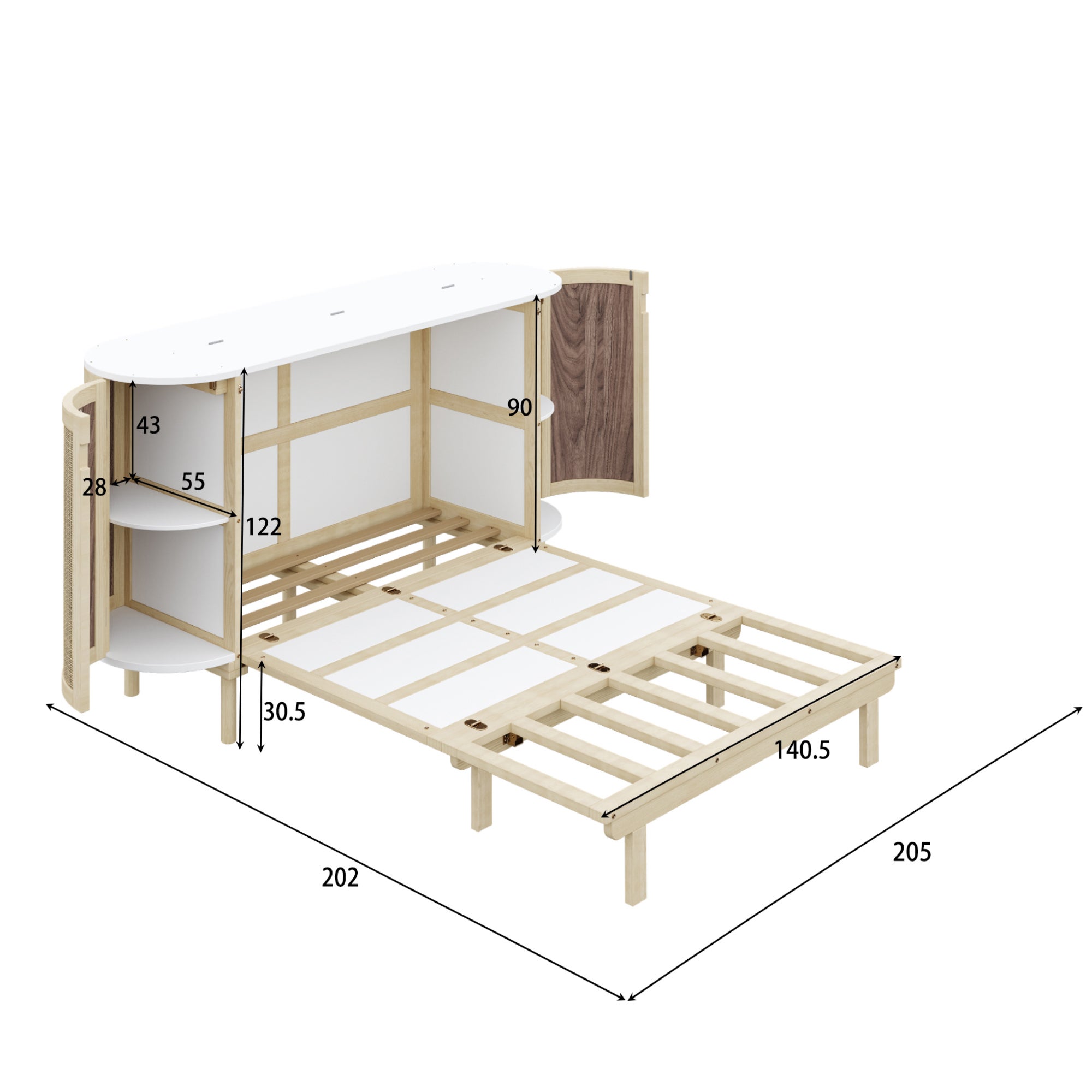 Cama abatible 140x200 con somier,cama de madera maciza con almacenaje y estanteria abierta,diseño de ratán, cama doble para adolescentes,color madera - 4