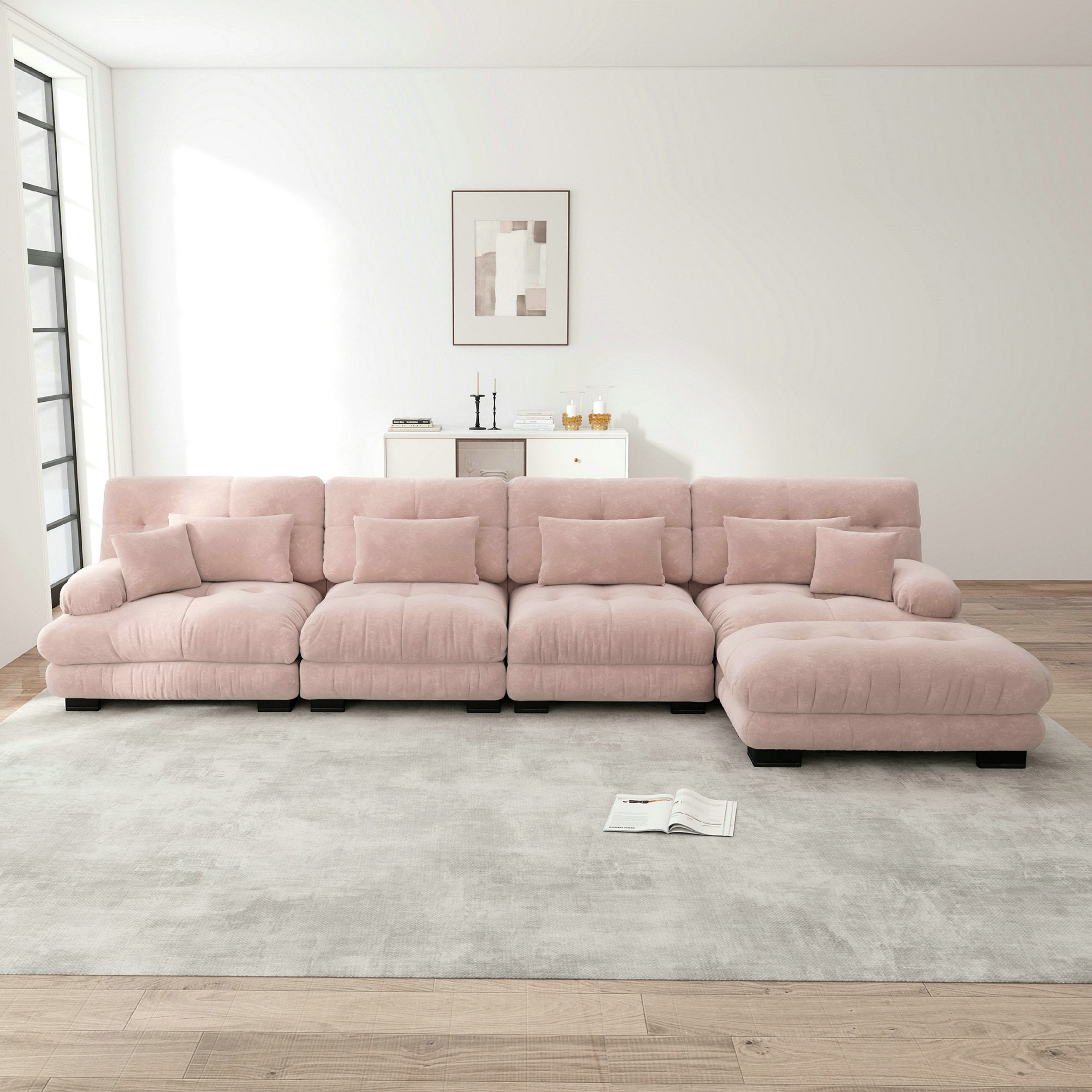 Canapé d\'angle modulable, ensemble en forme de L 4 places confortable effet nuage - avec pouf amovible - chenille rose - 3