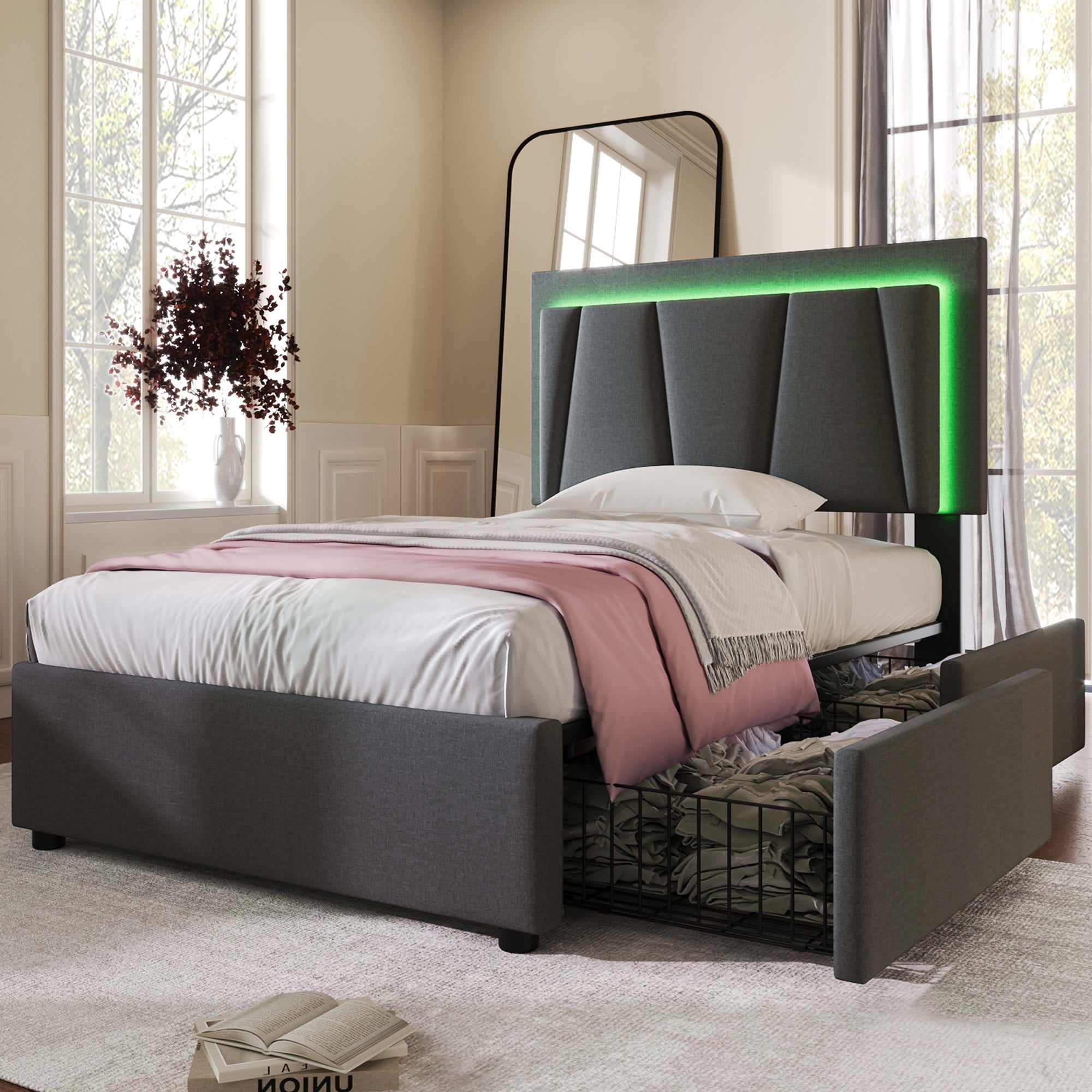 Lit simple Lit adulte Lit led Lit adolescent 90 x 200 cm avec LED et 2 ...