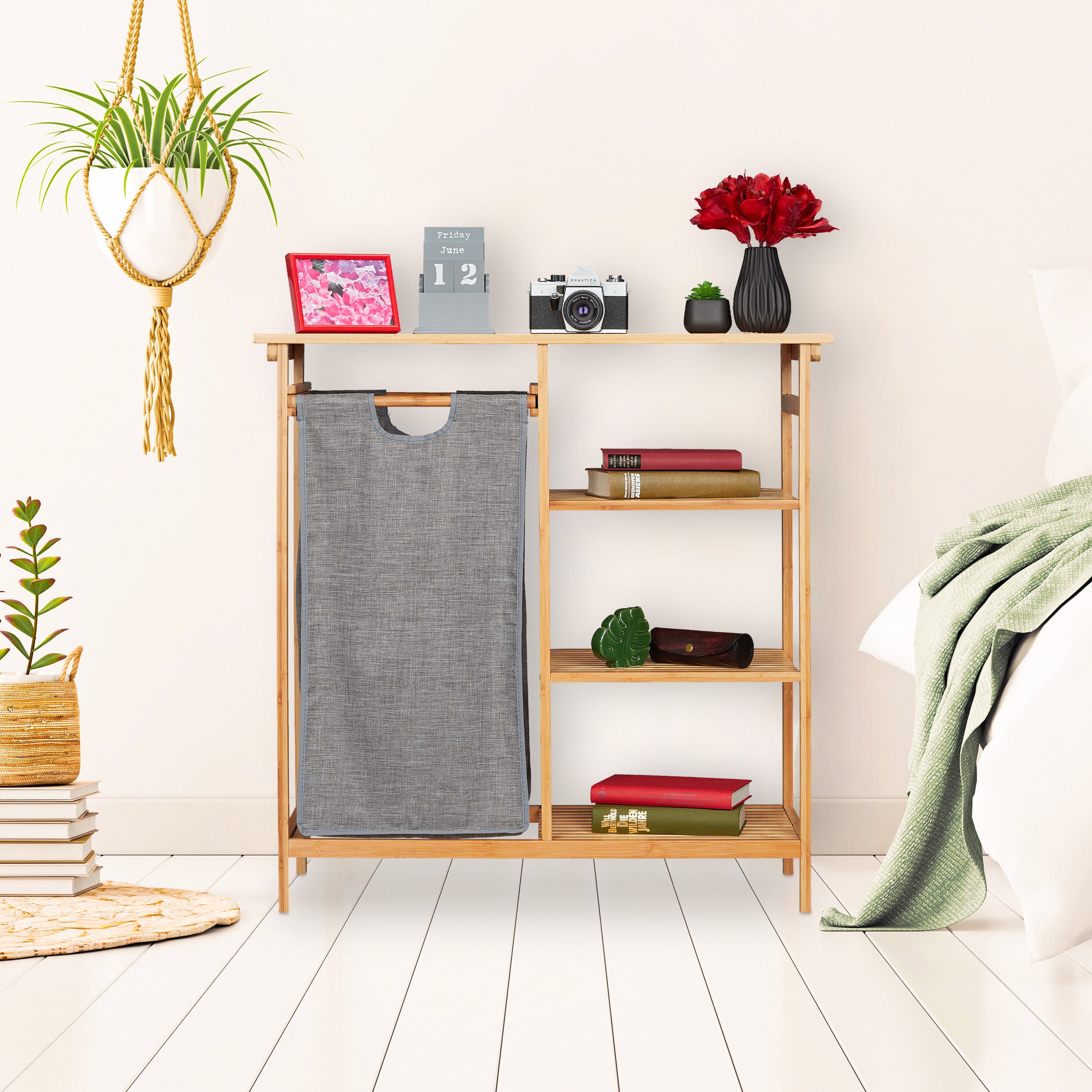 Etagère de salle de bain avec corbeille, bambou, 4 étages, panier amovible, 80,5 x 80 x 33,5 cm, nature/gris, Relaxdays - 5