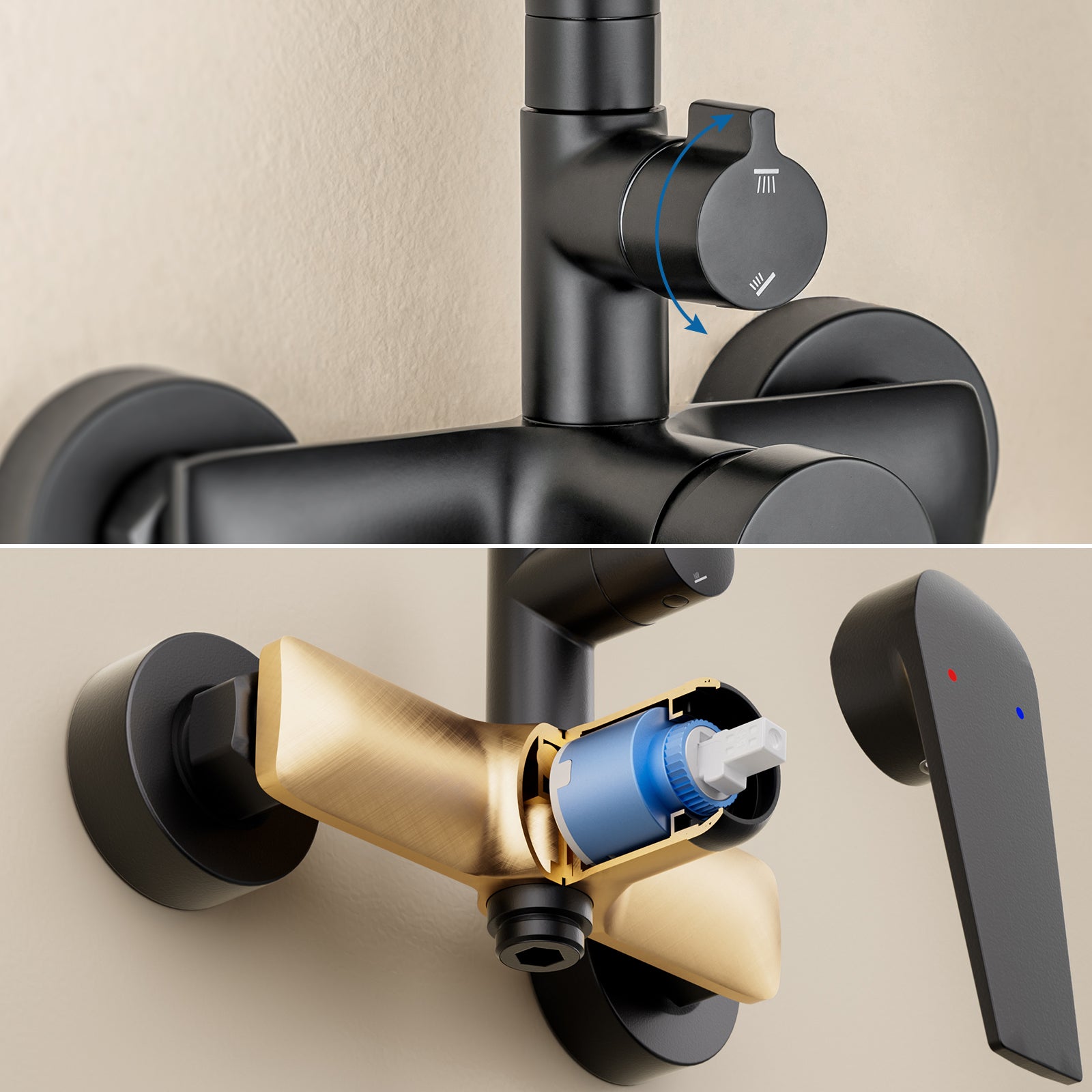 Sistema ducha con grifo mezclador latón,columna ducha altura ajustable,cabezal de ducha redondo de 25 cm y ducha mano 3 chorros,inoxidable,negro. - 4