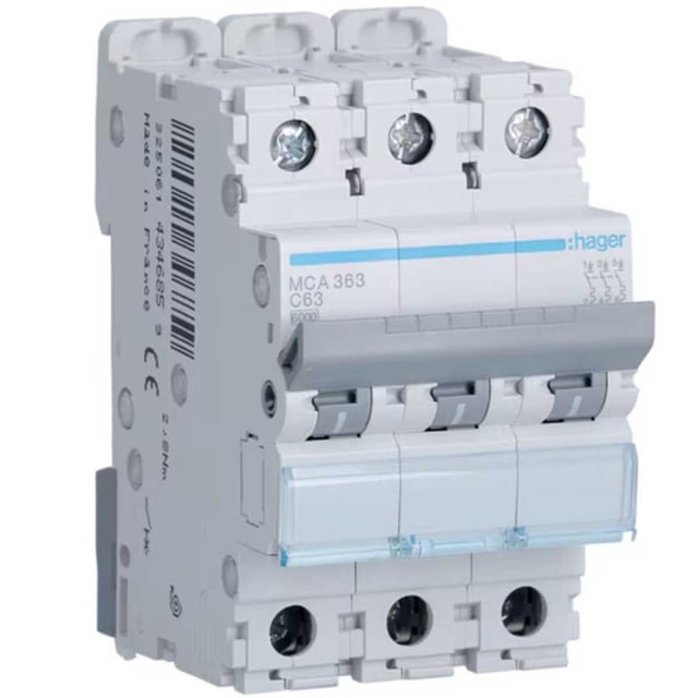 Hager mca363 interruttore automatico magnetotermico 3p 3 poli 3x63a 6 ka curva c 3 moduli din